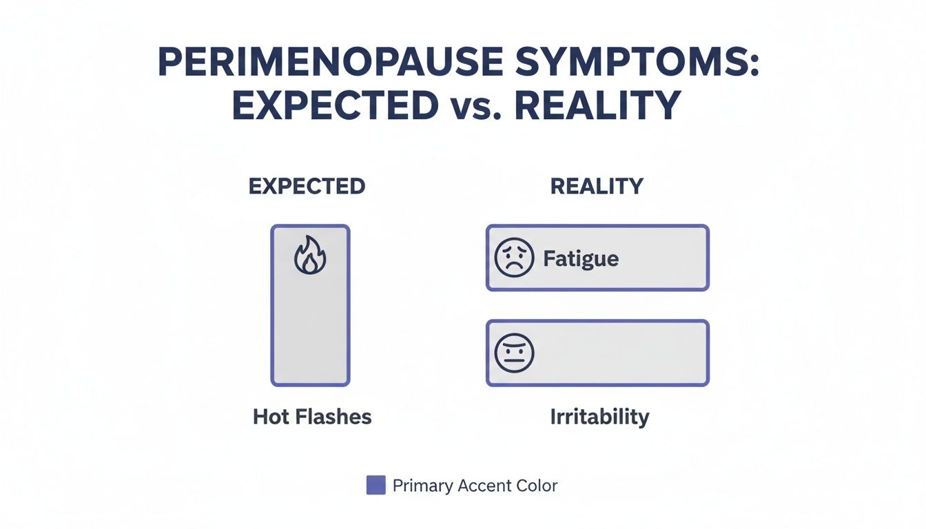 Infographic comparing expected perimenopause symptoms (hot flashes) to reality (fatigue, irritability) with icons.