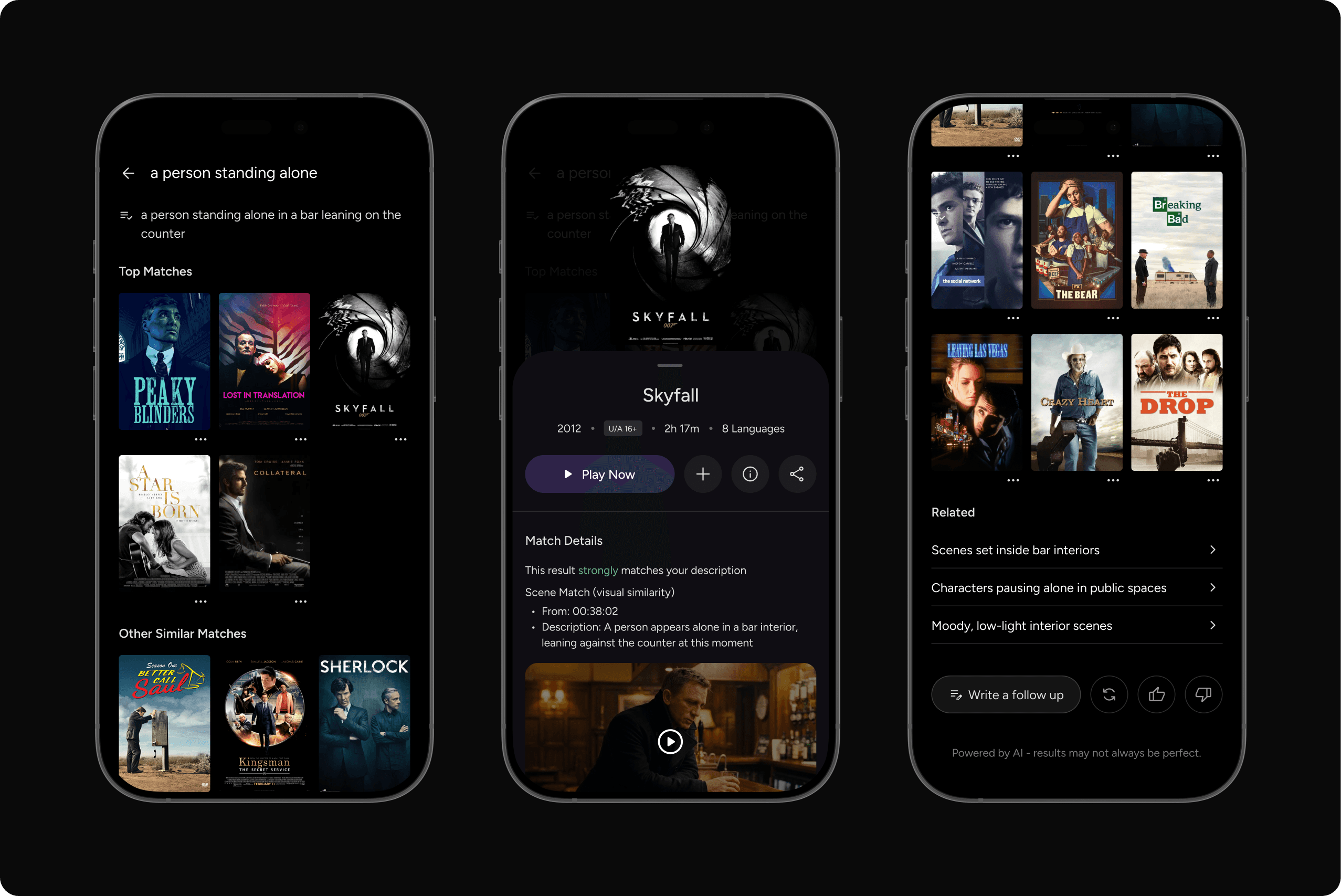 Three mobile screens showing AI-powered search results for a refined query (“a person standing alone in a bar leaning on the counter”), including top matches, a detailed scene-level match with timestamp and explanation, and related refinement suggestions with follow-up options