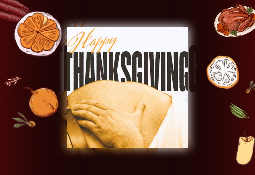 Deep brown invite with elegant “Happy Thanksgiving” text and fall food illustrations.