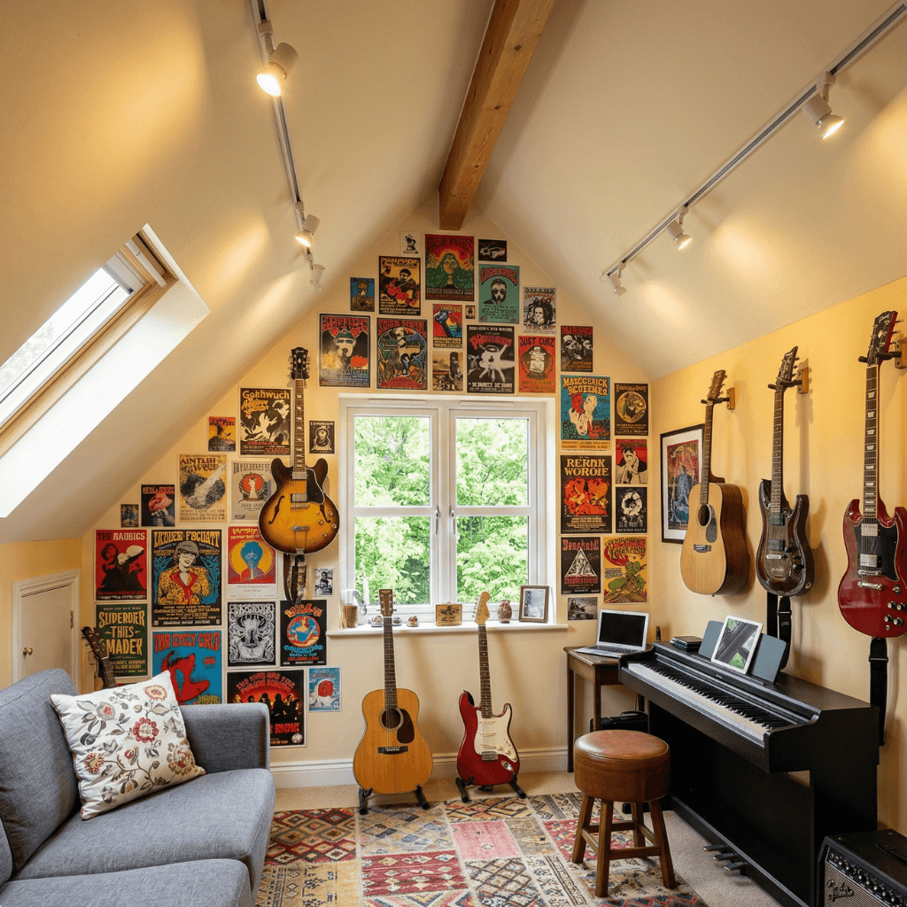Pared de estudio musical con guitarras colgadas y decoración creativa