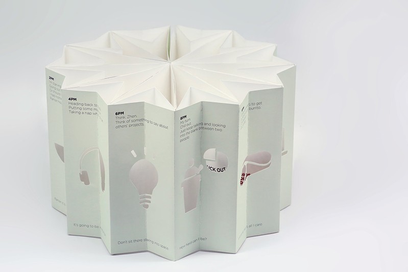 A 3d star shape made from paper. On the sides of it here is some text and some pictograms of household objects.