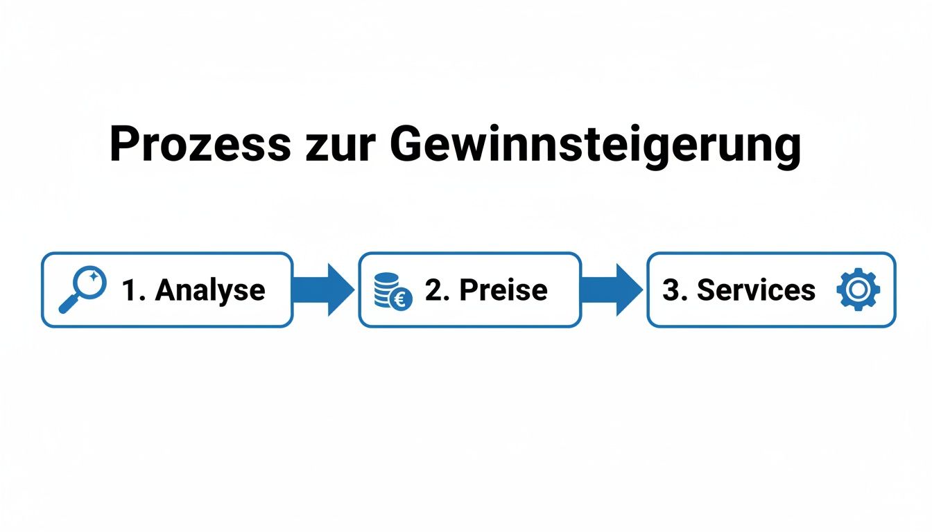 Prozessdiagramm zur Gewinnsteigerung mit den Schritten Analyse, Preise und Services.