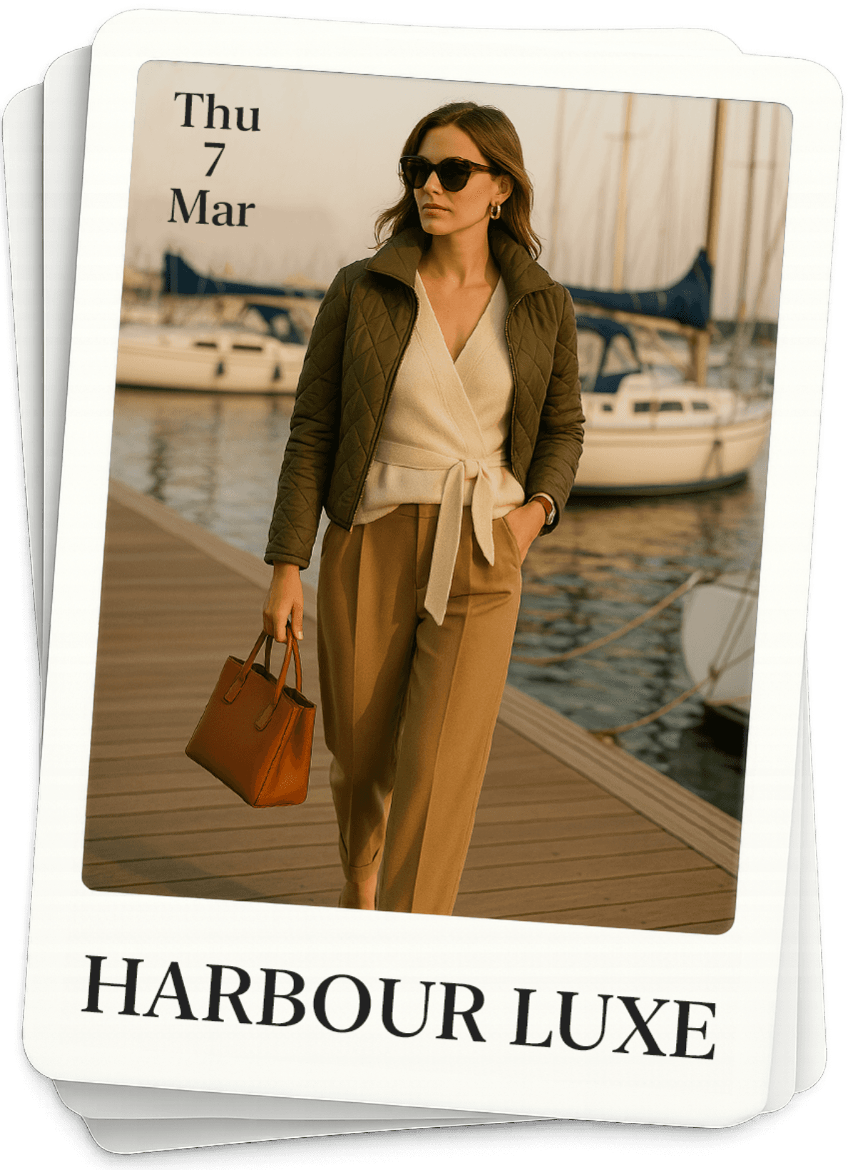 Stack of daily look cards showing editorial outfit photography with calendar dates