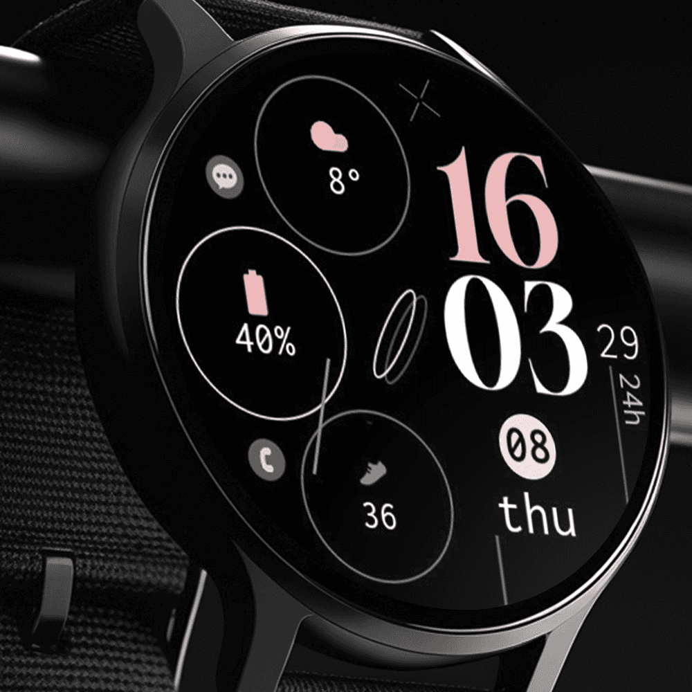 Modern Wear OS smartwatch displaying a digital watch face