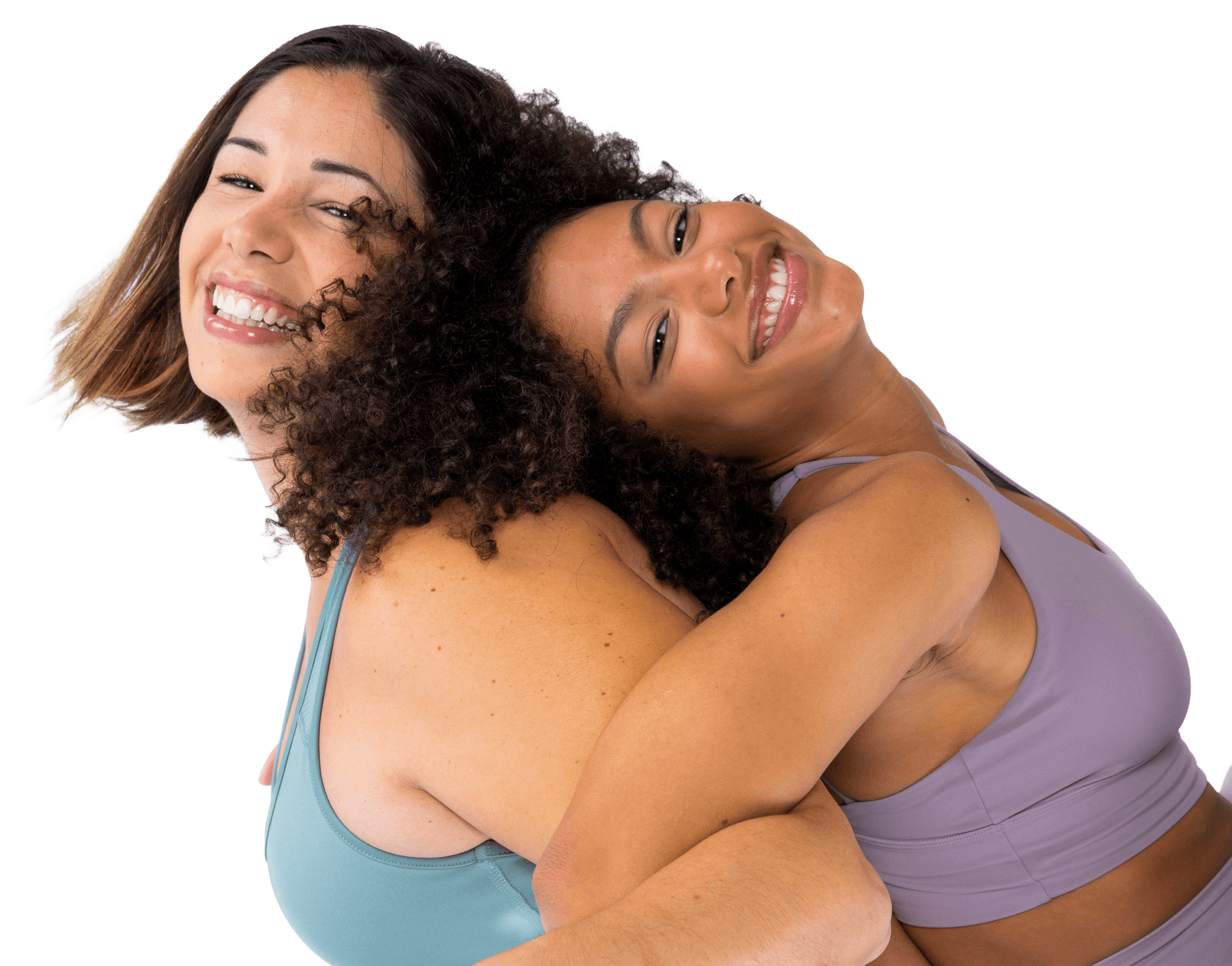 "Two women hugging in sports bras, blue and purple