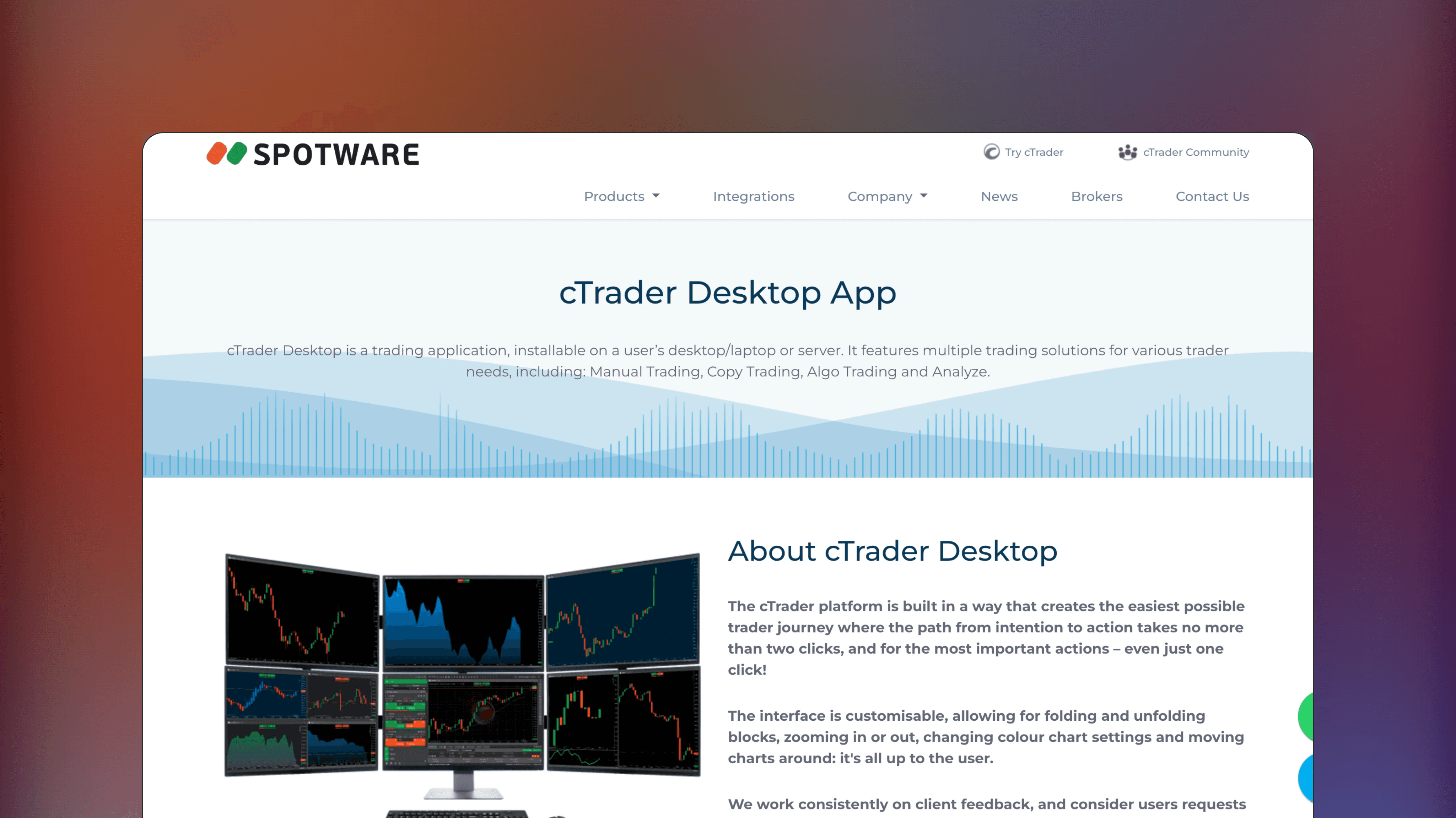 Website preview of cTrader, technical analysis charting platform featuring a multi-chart interface with order entry modules.