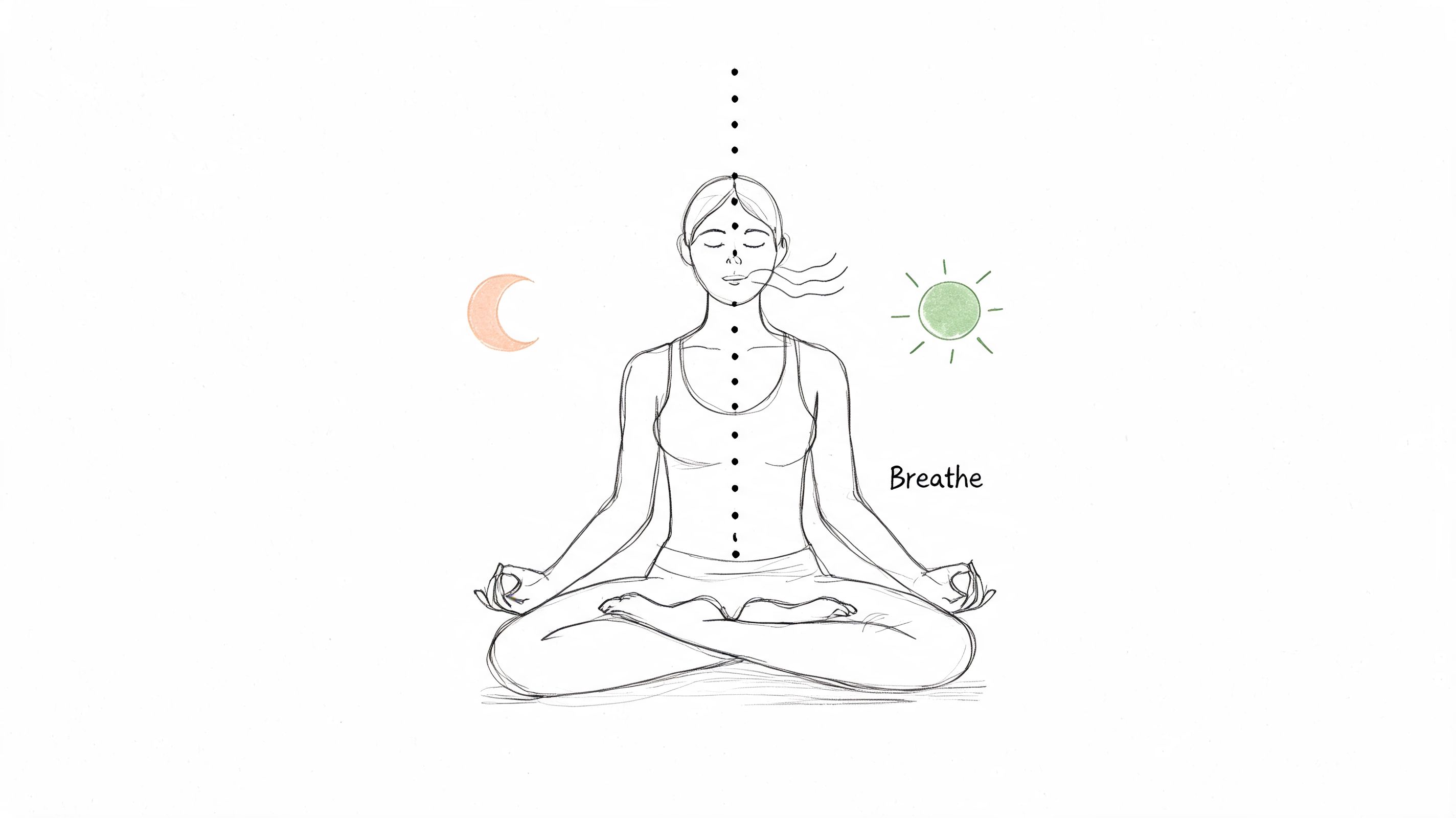A line drawing of a person meditating in a lotus pose with symbols representing breath and balance.