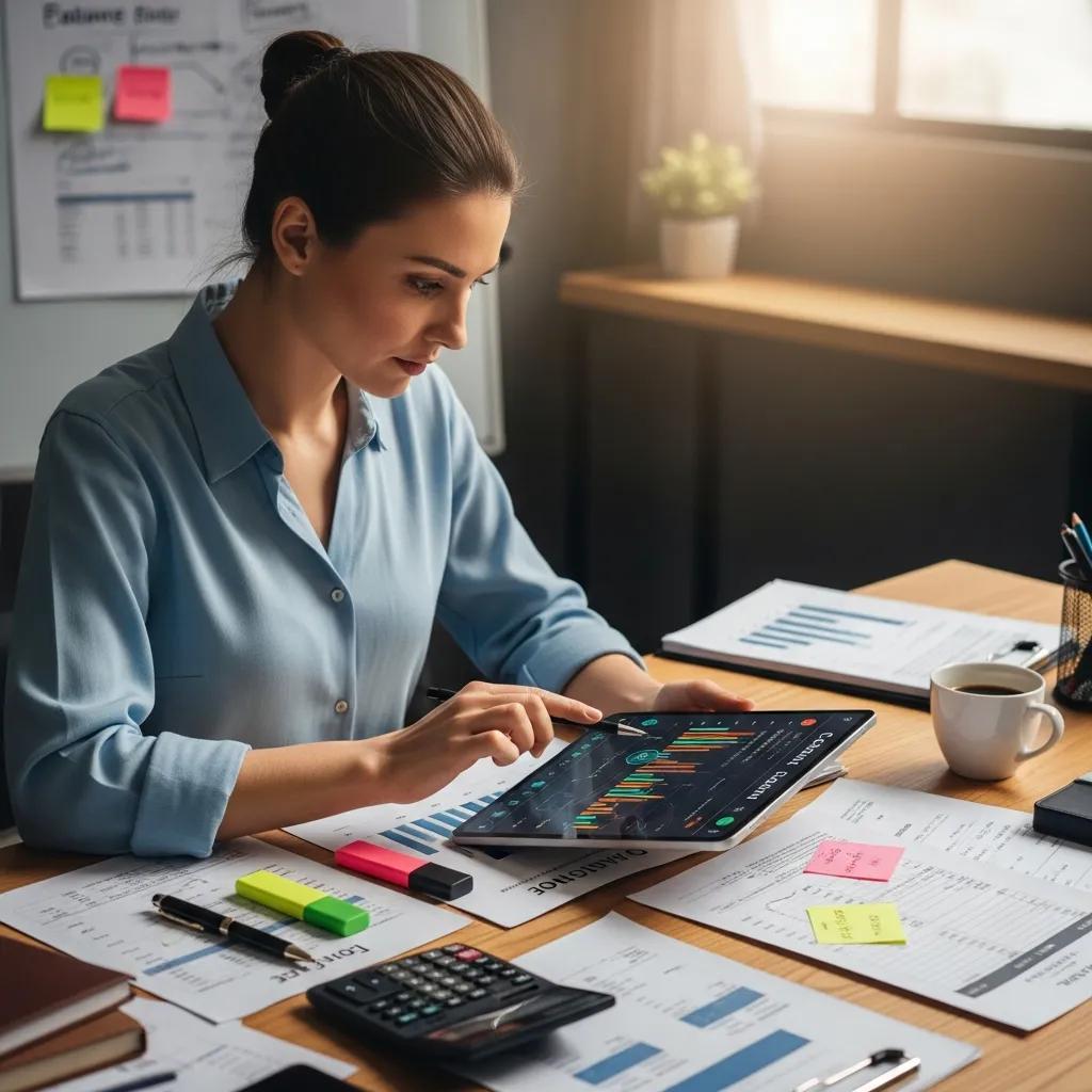 Business owner reviewing cash flow charts on a tablet at a desk