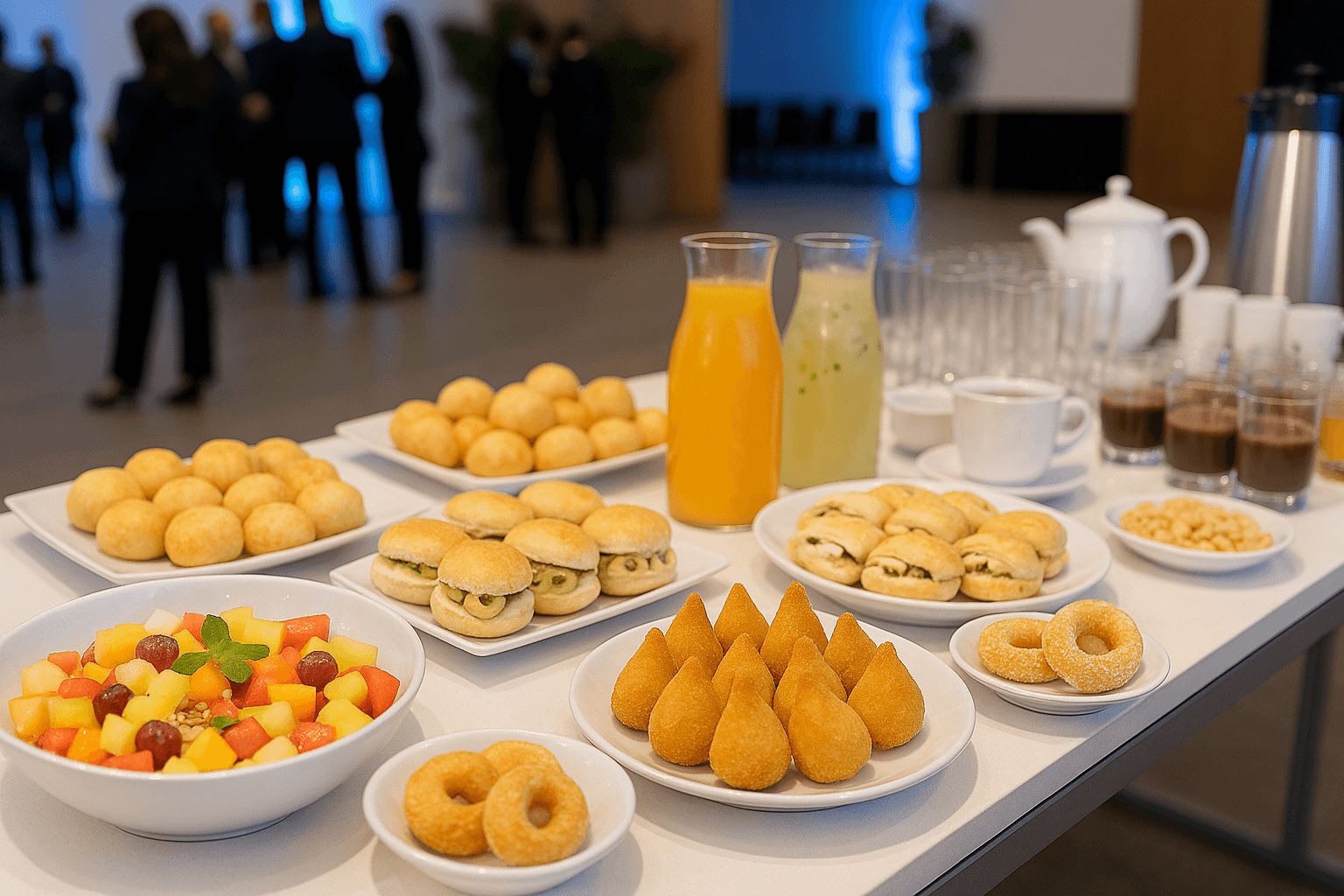 Garçom‑barista oferece espresso recém‑tirado em copo biodegradável, reforçando a hospitalidade sustentável do stand.