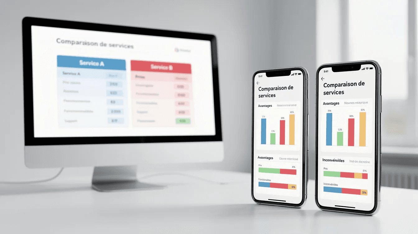 L'image montre une comparaison des services financiers offerts par différentes banques, affichée sur des écrans d'ordinateurs et de smartphones. On y voit des graphiques et des tableaux illustrant les options de comptes bancaires, y compris des comptes courants et des cartes de crédit, pour les particuliers et les entreprises en Irlande et au Royaume-Uni.