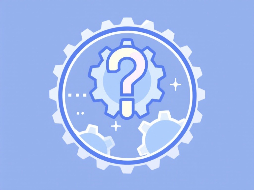 A question mark inside a gear surrounded by other gears.