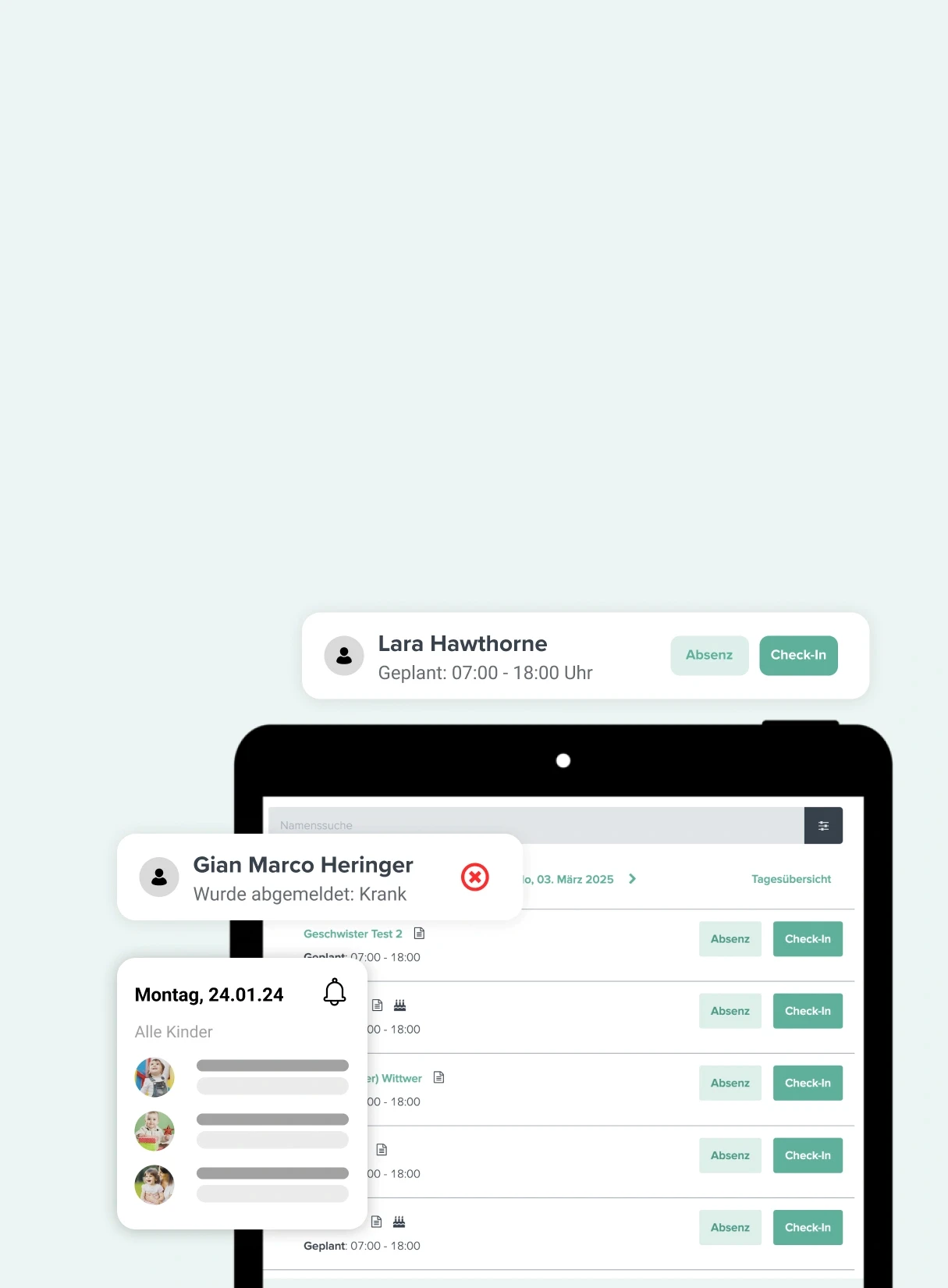 Mit nur einem Klick sind Kinder in groupAdmin eingecheckt, was die Anwesenheitskontrolle deutlich erleichtert