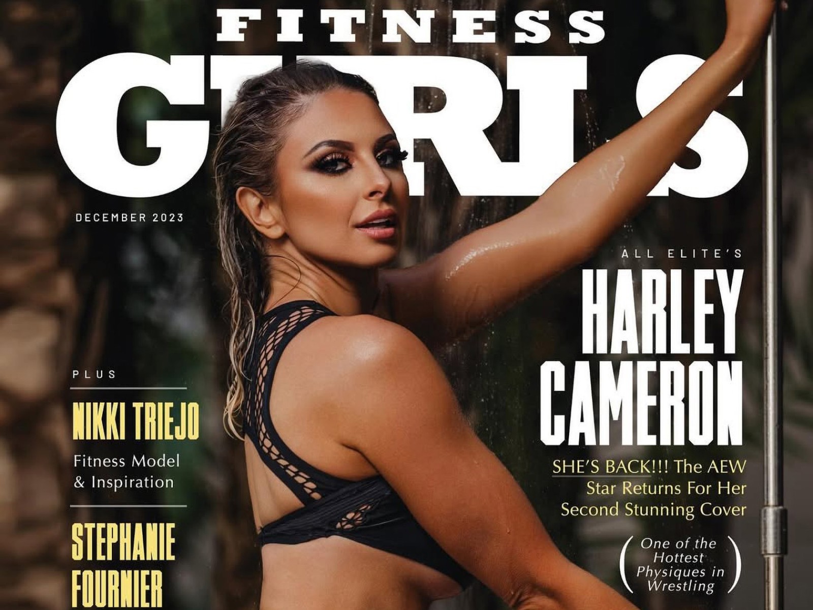 Fitness magazine cover for "FITNESS GURLS" featuring an athletic woman in dark workout attire with her arm raised, headline text identifies her as "Hadley Cameron."