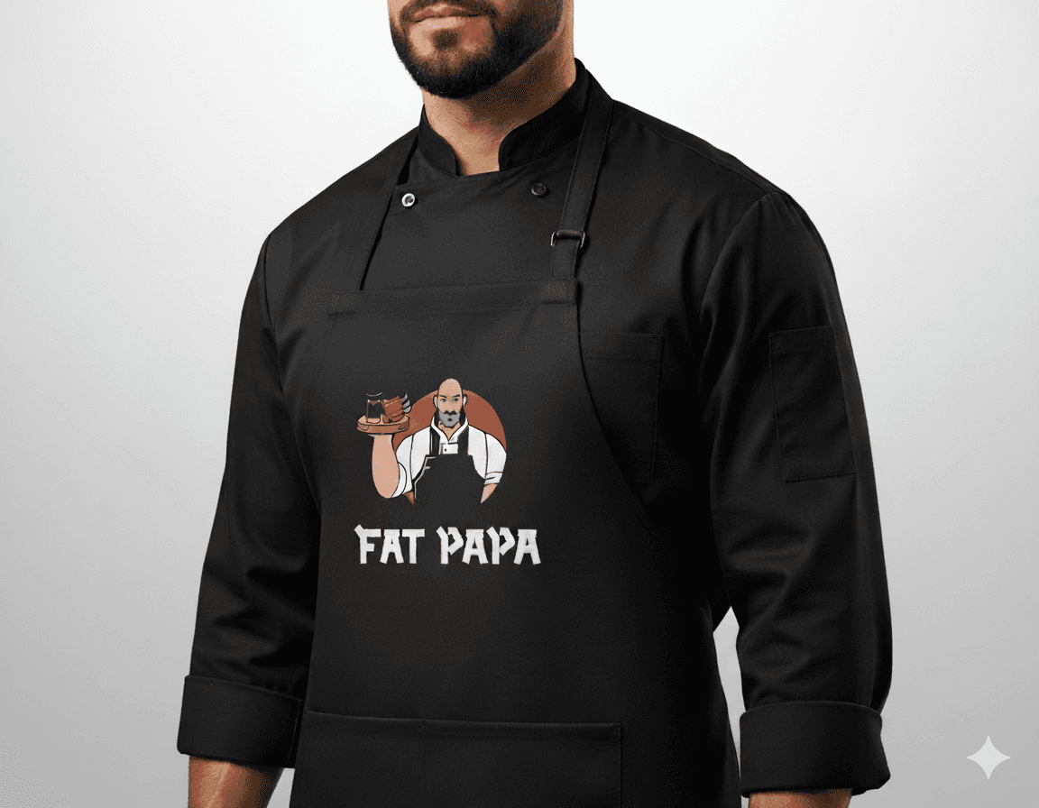 Black chef jacket featuring the Fat Papa illustrated logo on the chest.
