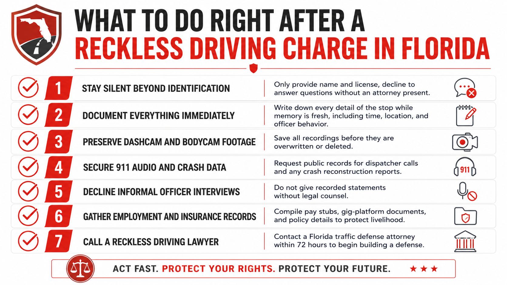 An infographic detailing seven crucial steps to take following a reckless driving charge in Florida.