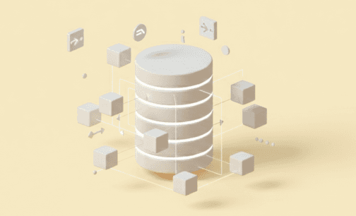 An isometric rendering of an abstract cylinder connected to numerous floating cubes and symbols