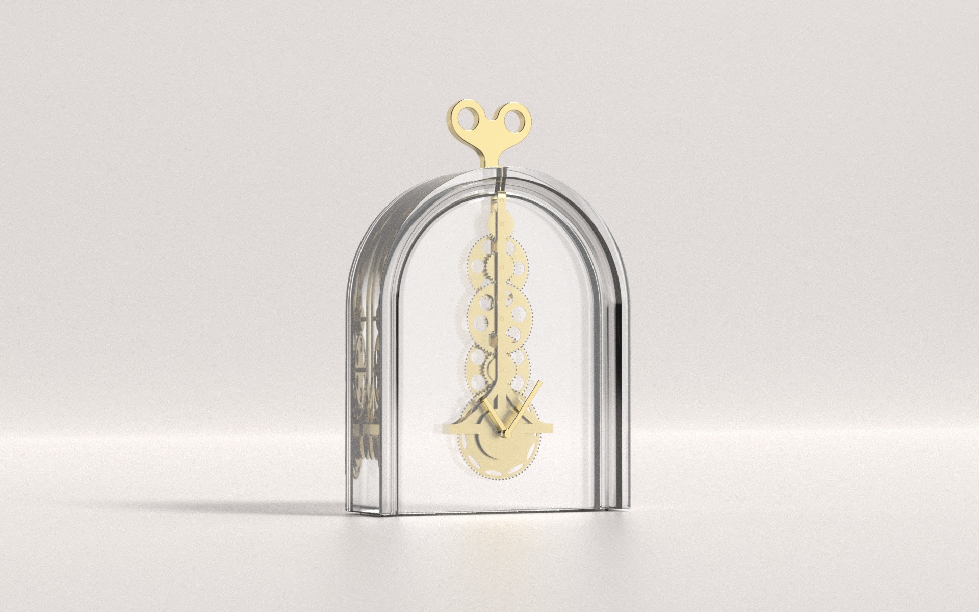 an image of a mechanical clock encased in a glass body with a wind up mechanism on top designed bu Lukas Avenas