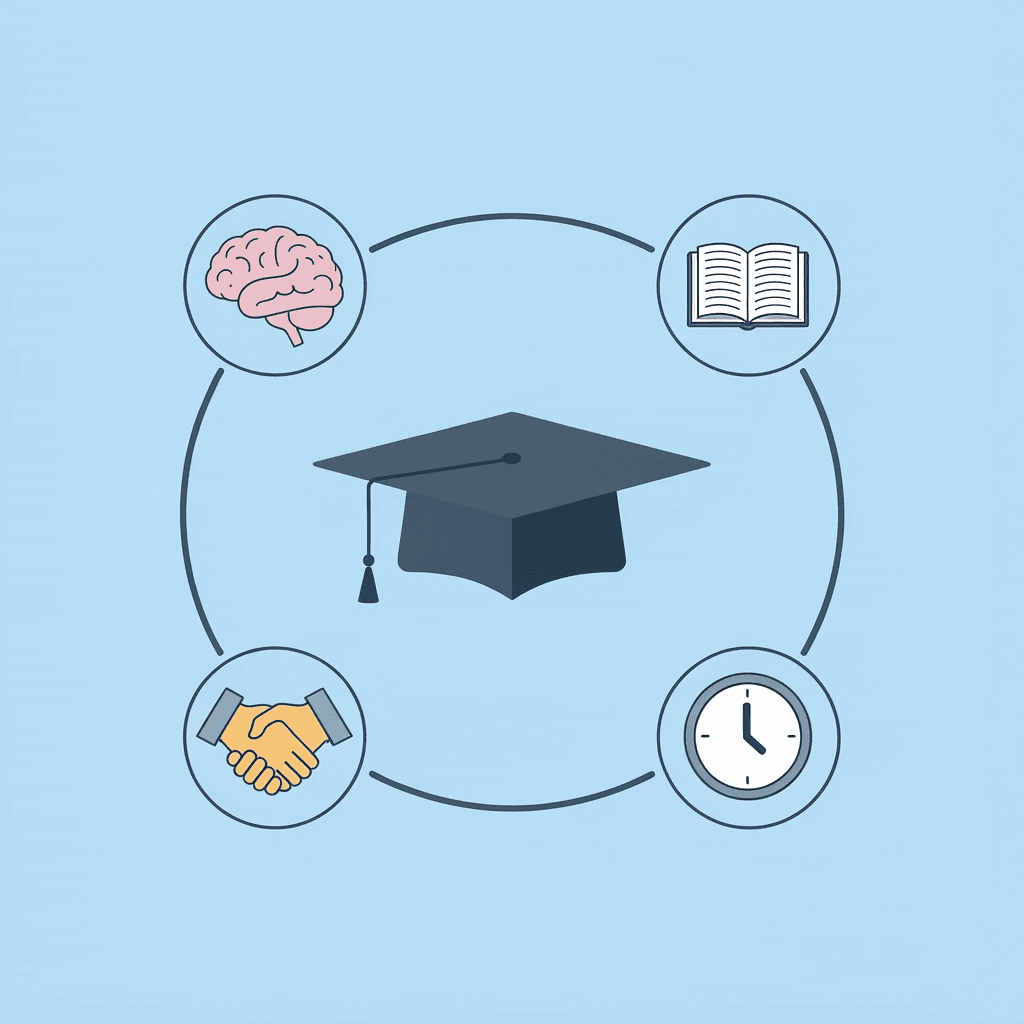 Network diagram showing four benefits of graduation songs: language development, sequencing skills, emotional understanding, and social connections radiating from a central hub