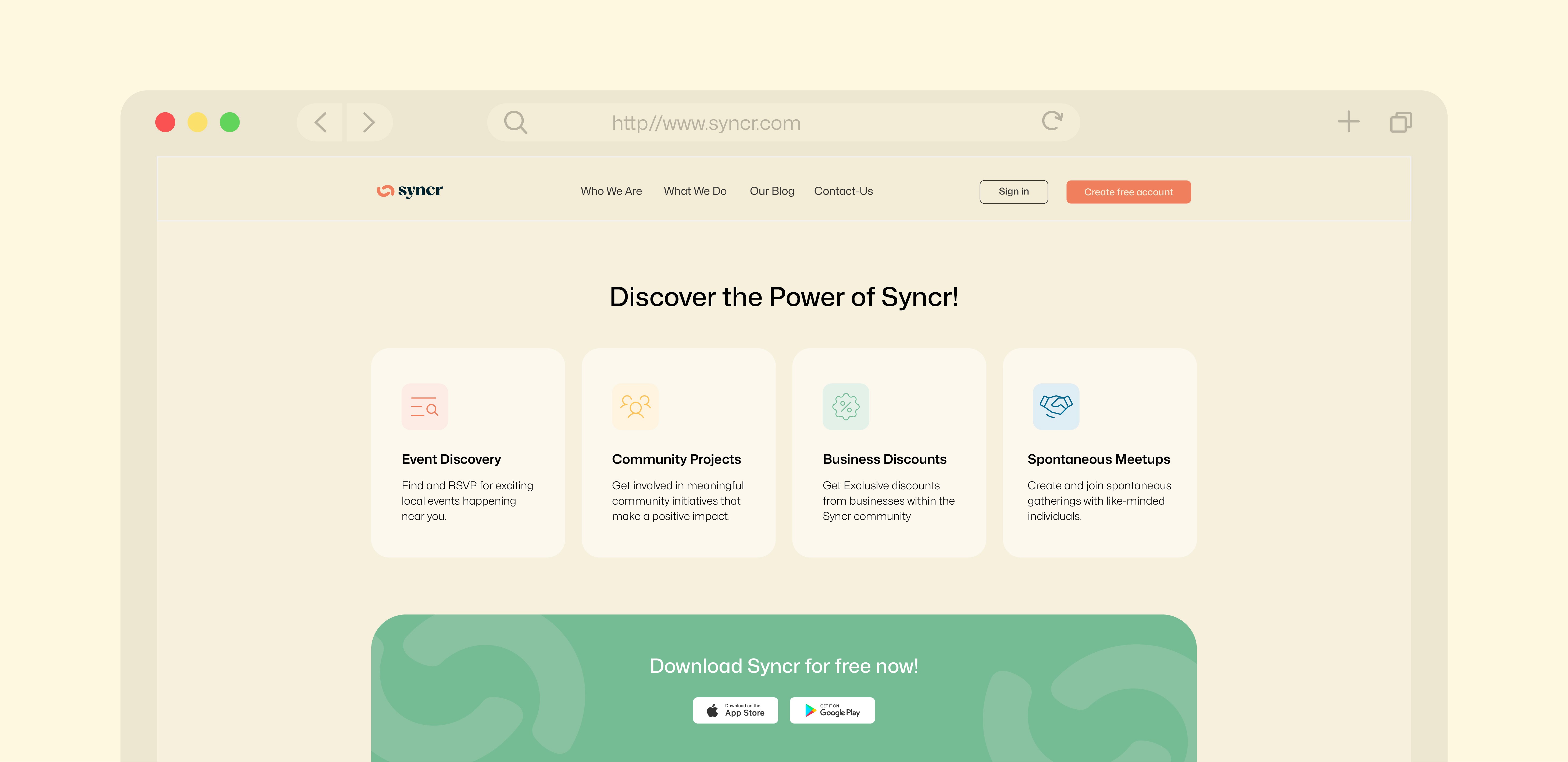 A website interface mockup showing four feature cards