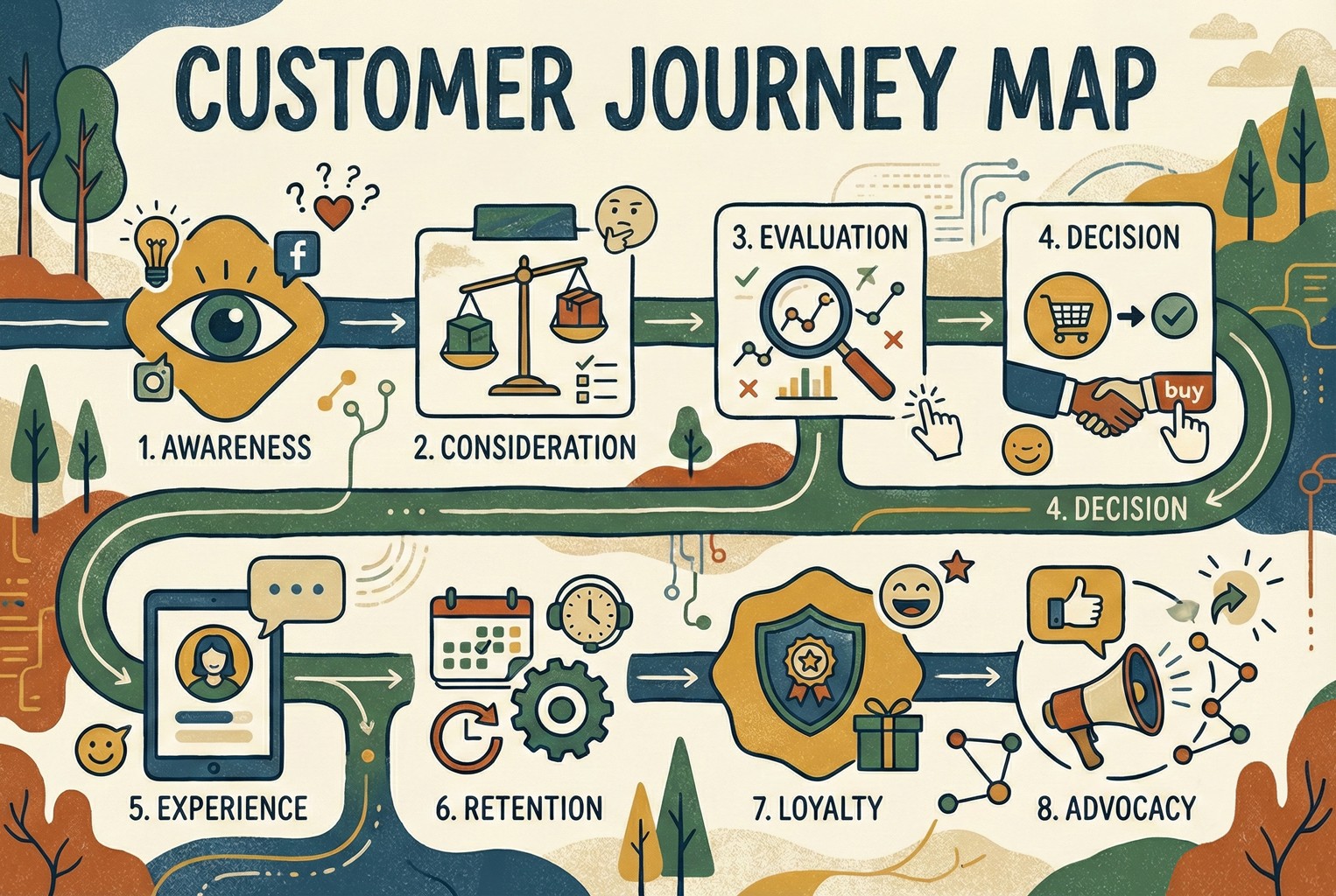 Visual customer journey map illustrating the full customer lifecycle from awareness and consideration to retention, loyalty, and advocacy.