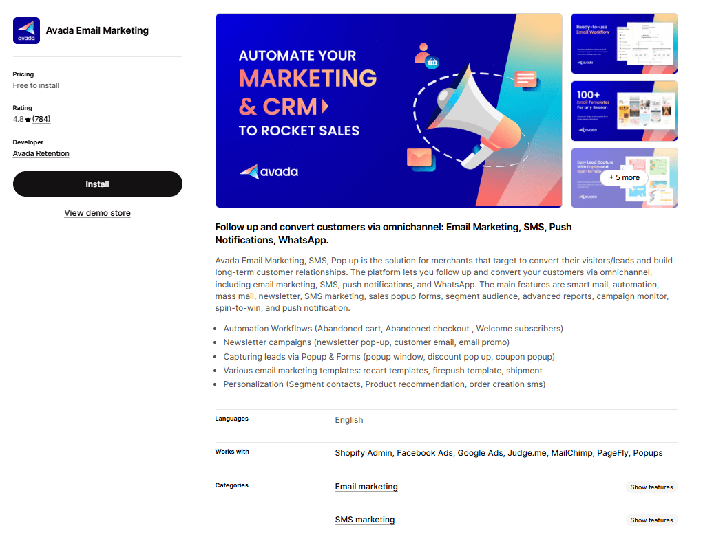 Avada Email Marketing on the Shopify App Store