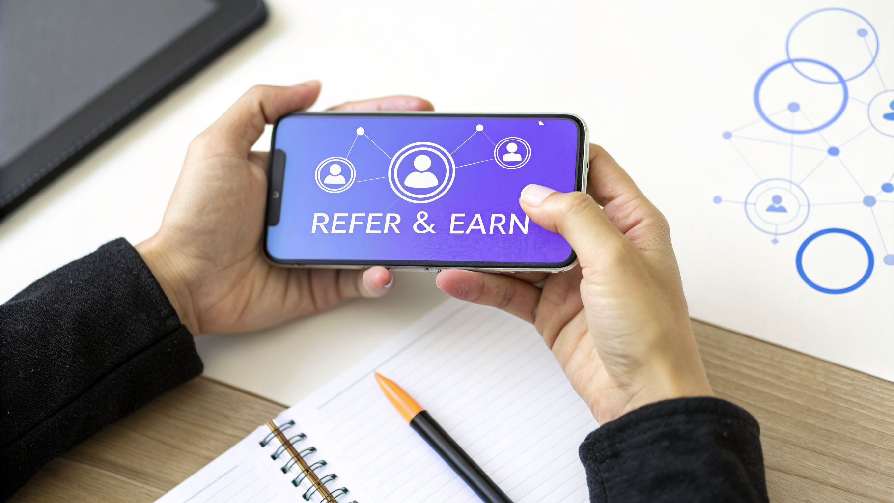 Hands hold a smartphone displaying 'REFER & EARN' with a network of user icons, suggesting a referral program.
