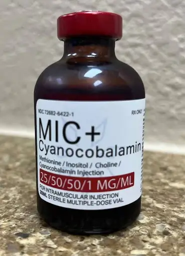MIC+ Cyanocobalamin B12 energy injection vial.