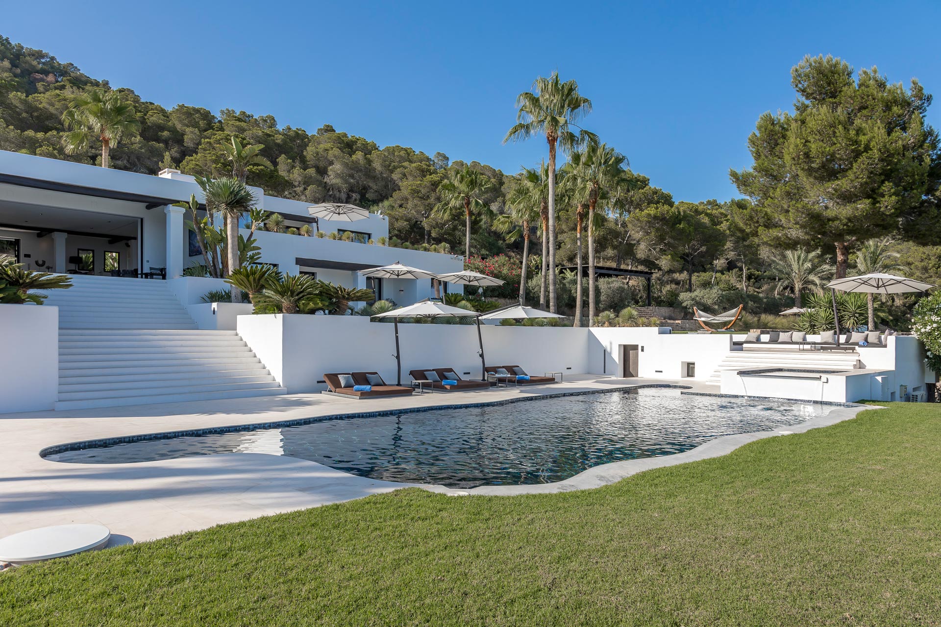 Exclusive luxury villa Ibiza pool area facing east—private VIP estate property wedding events
