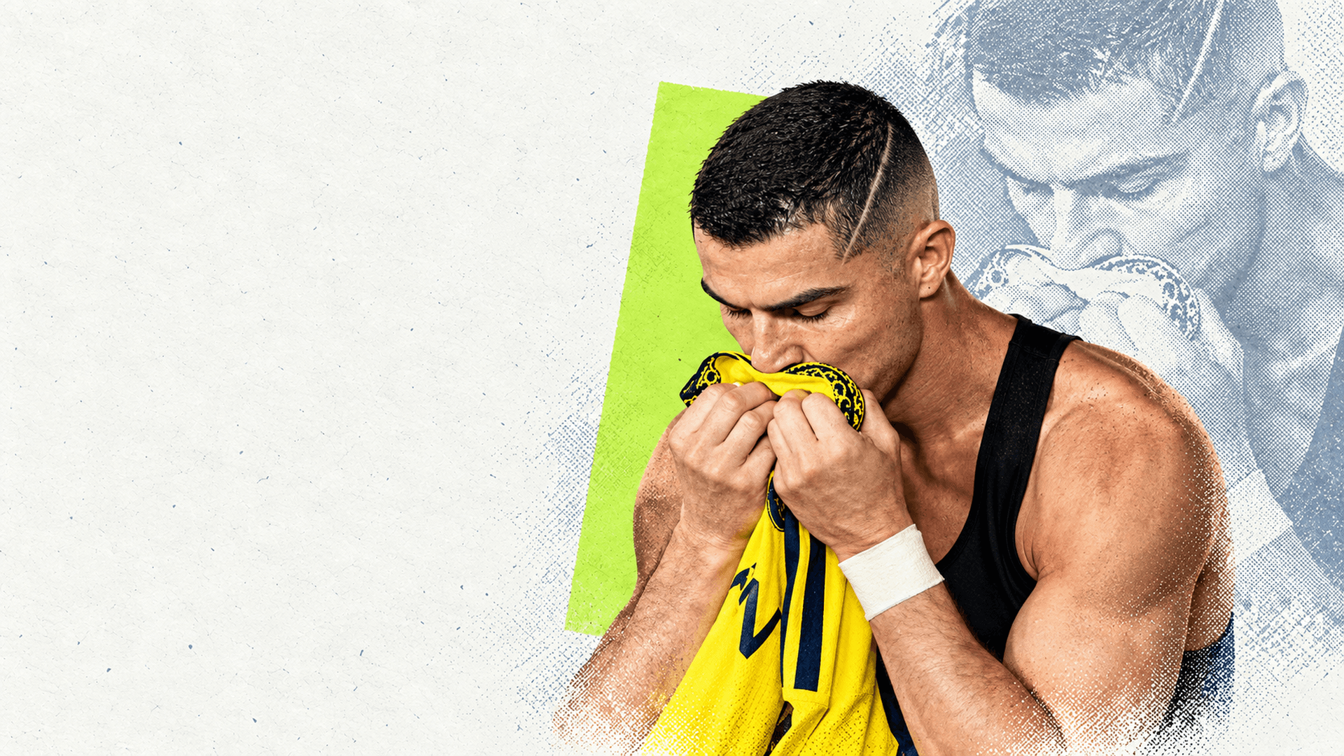 Generated editorial illustration of Cristiano Ronaldo kissing a folded yellow Al Nassr shirt, with his hands obscuring the Saudi emblem.