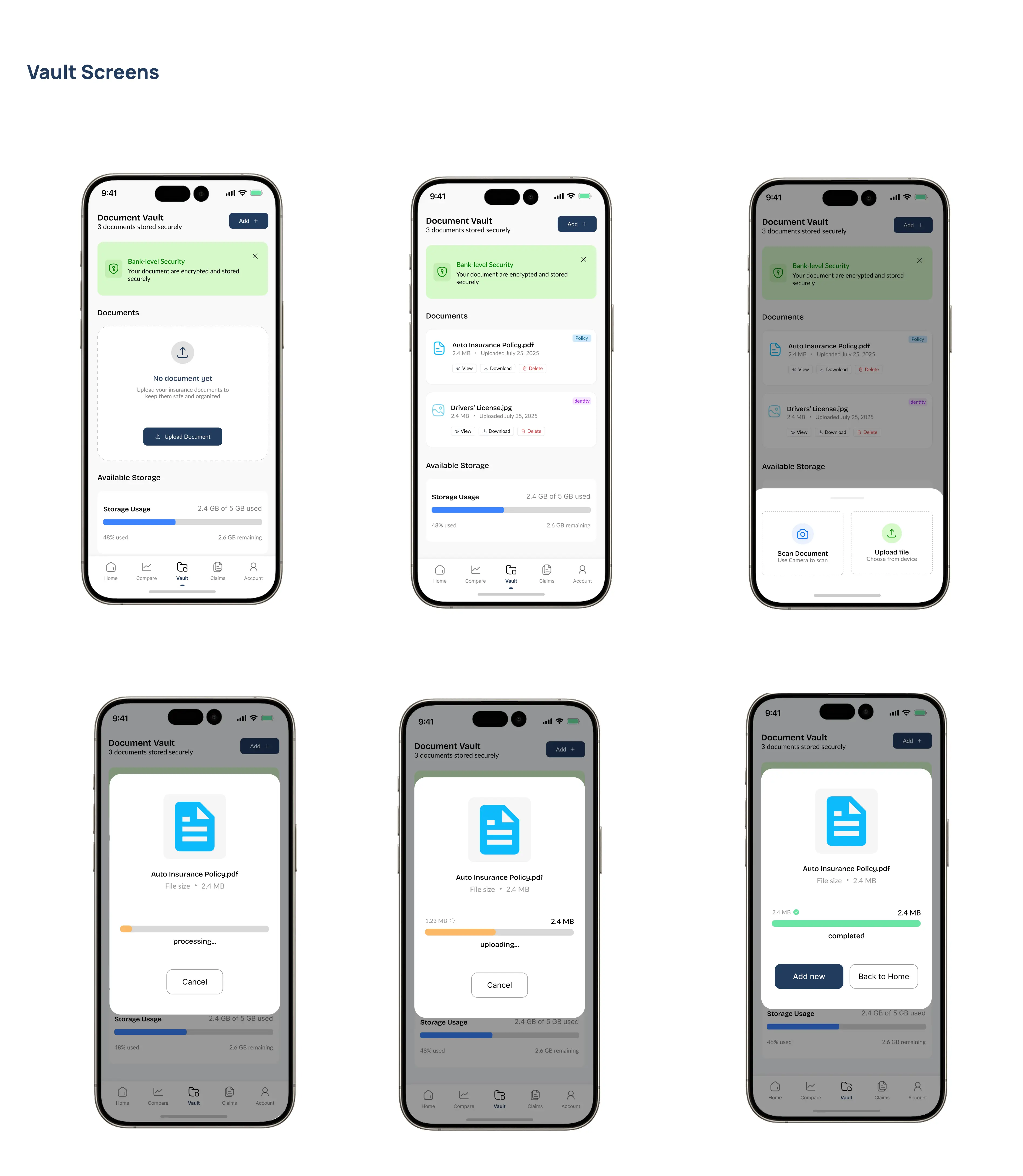 Aggregator valtscreens designed as a secure, centralized space where users could store and manage all insurance-related documents.