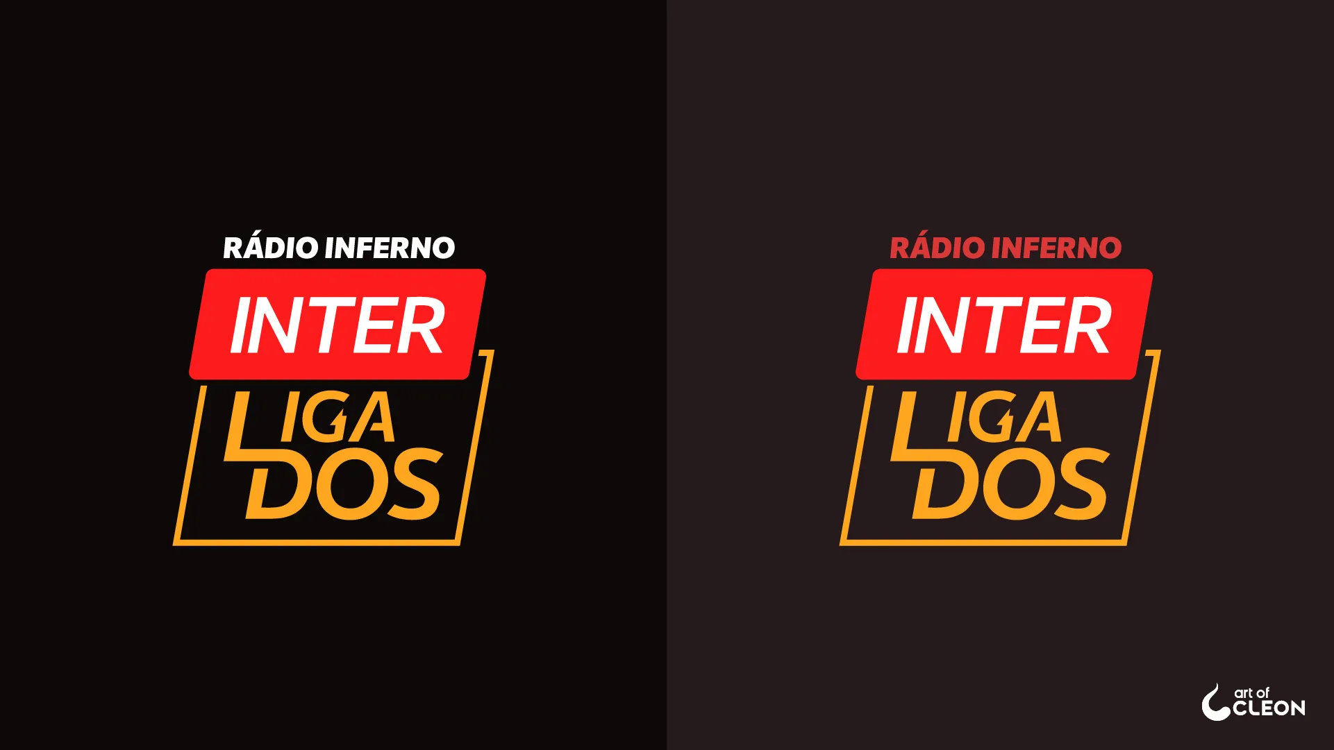 Two flat versions of the stacked Interligados wordmark, with white INTER lettering on a red panel and solid yellow LIGA and DOS lettering inside an inclined outline on dark backgrounds.