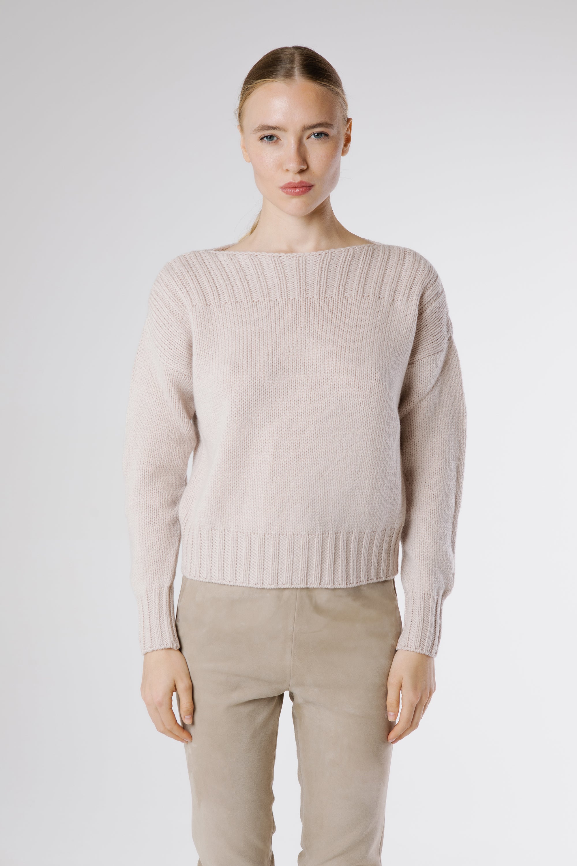 Front view of Amato Cashmere Pullover in Haiku, relaxed beige cashmere sweater with ribbed neckline and hem.