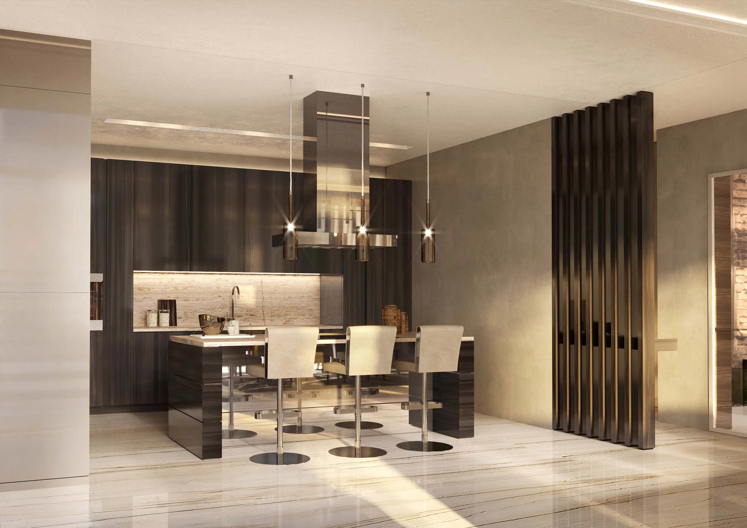 A kitchen area that has contemporary dark cabinetry, sleek pendant lights, and a breakfast bar with beige chairs. Large windows bring in ample natural light.