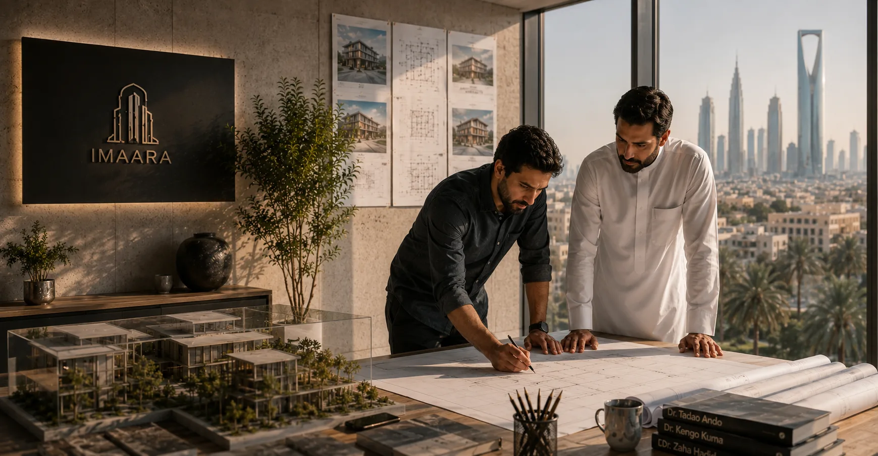 About Page - Two people discussing on project blueprint