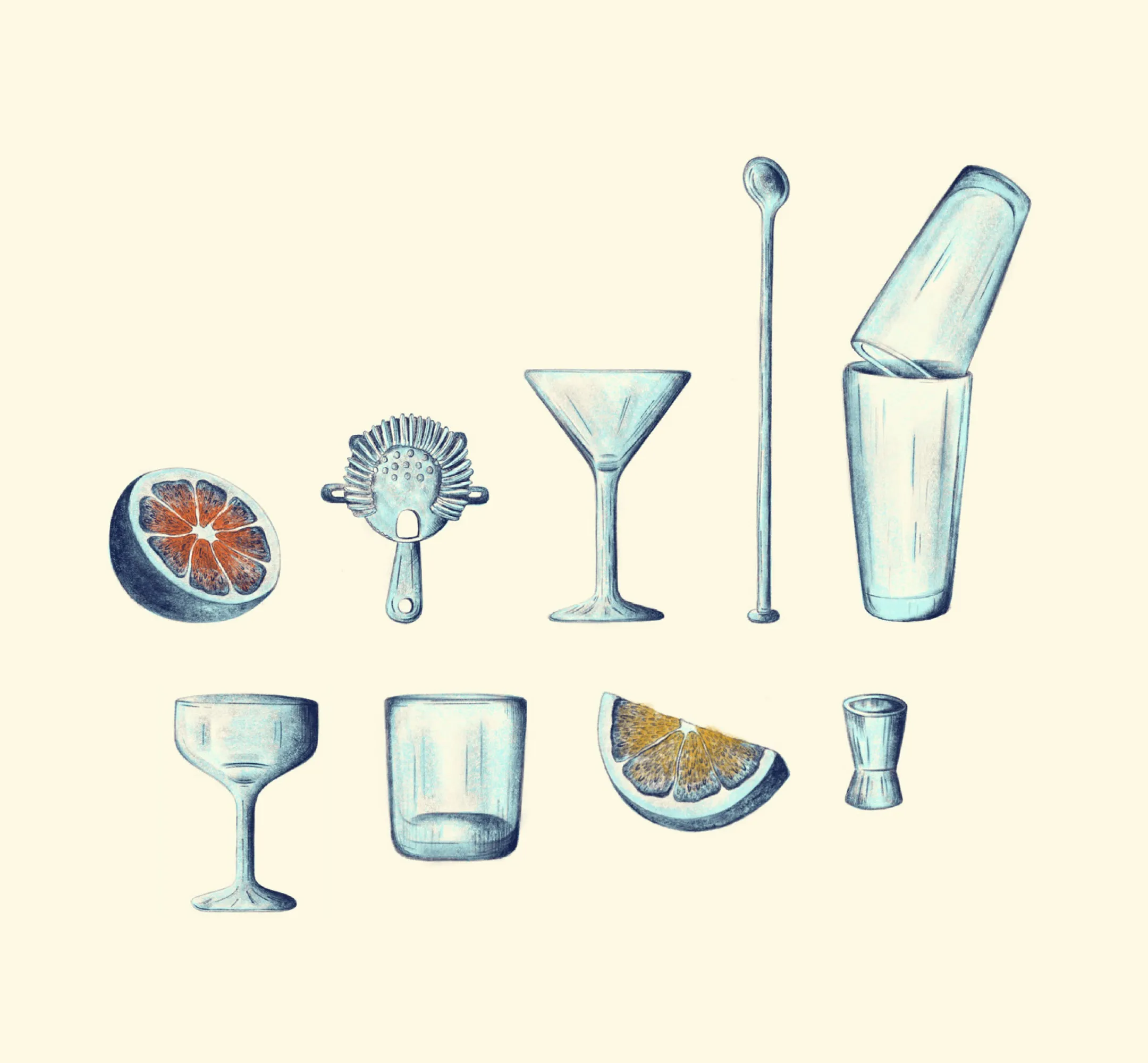 Hand-drawn illustrations of bar tools and glassware used throughout the Small Bar menu design