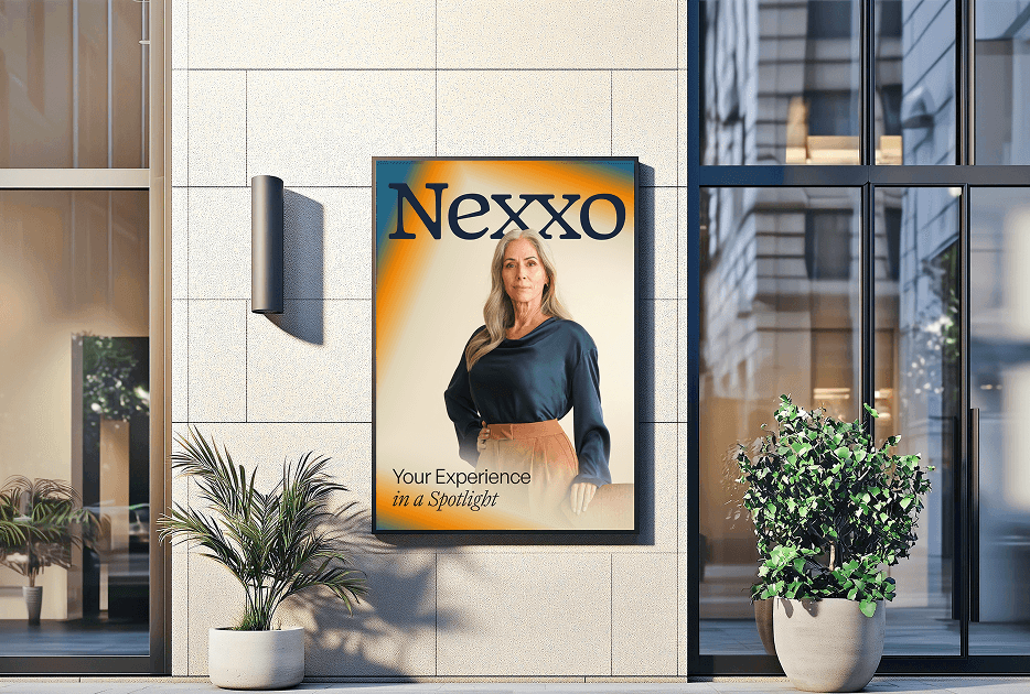 Nexxo brand poster displayed in a building lobby