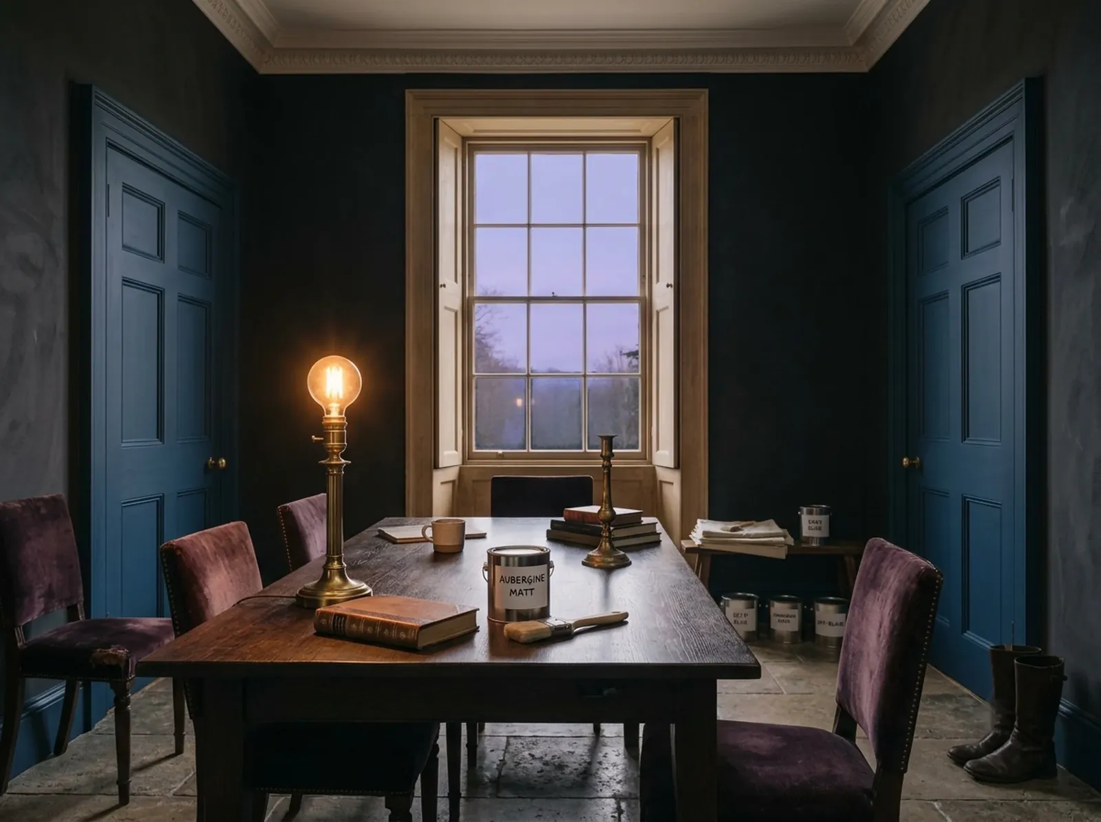 A dining room in deep blue and off-black lit by a brass lamp