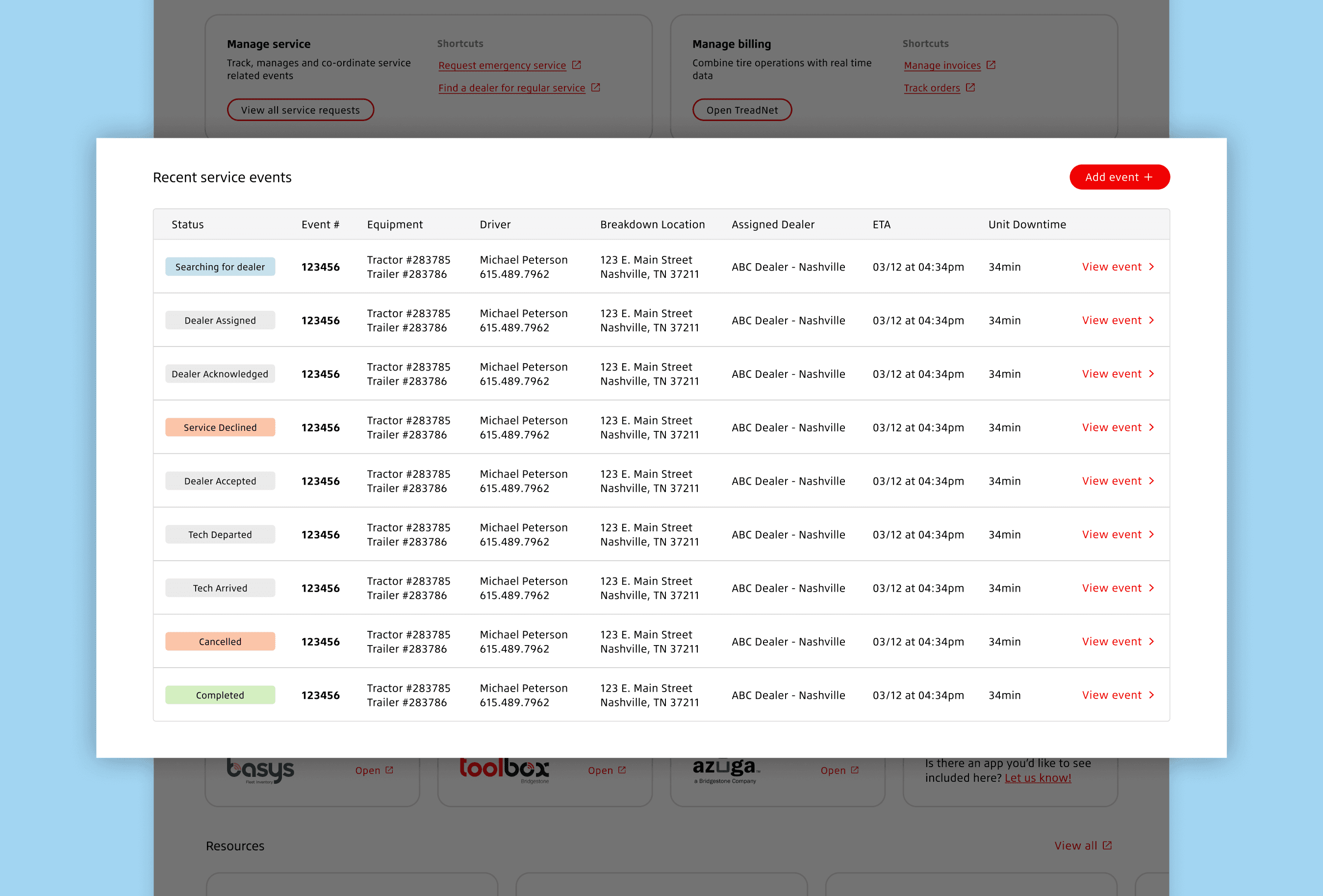 Highlighted view of Recent service events table showing event statuses, details, and a ‘View event’ link