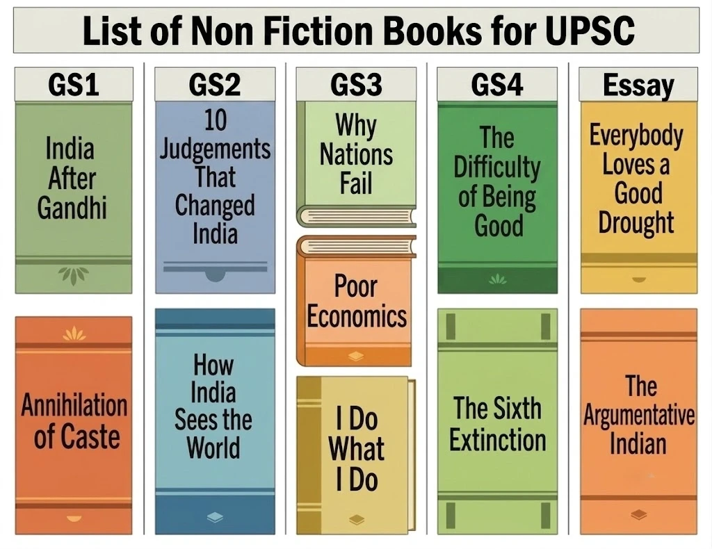 Twelve non fiction books for UPSC grouped by GS Paper 1, 2, 3, 4 and Essay