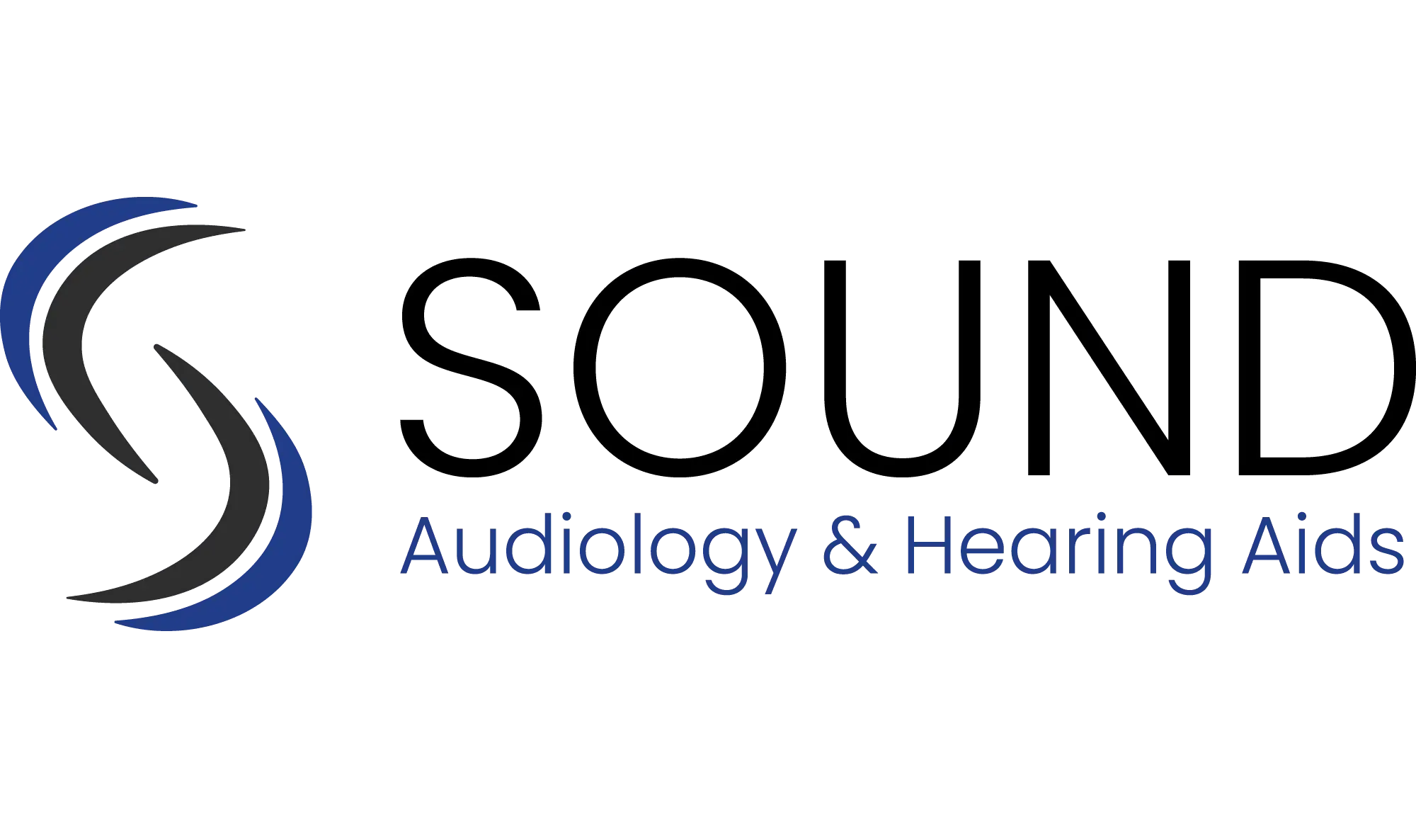 Logo of "Sound Audiology" with stylized lettering and a blue wave design.