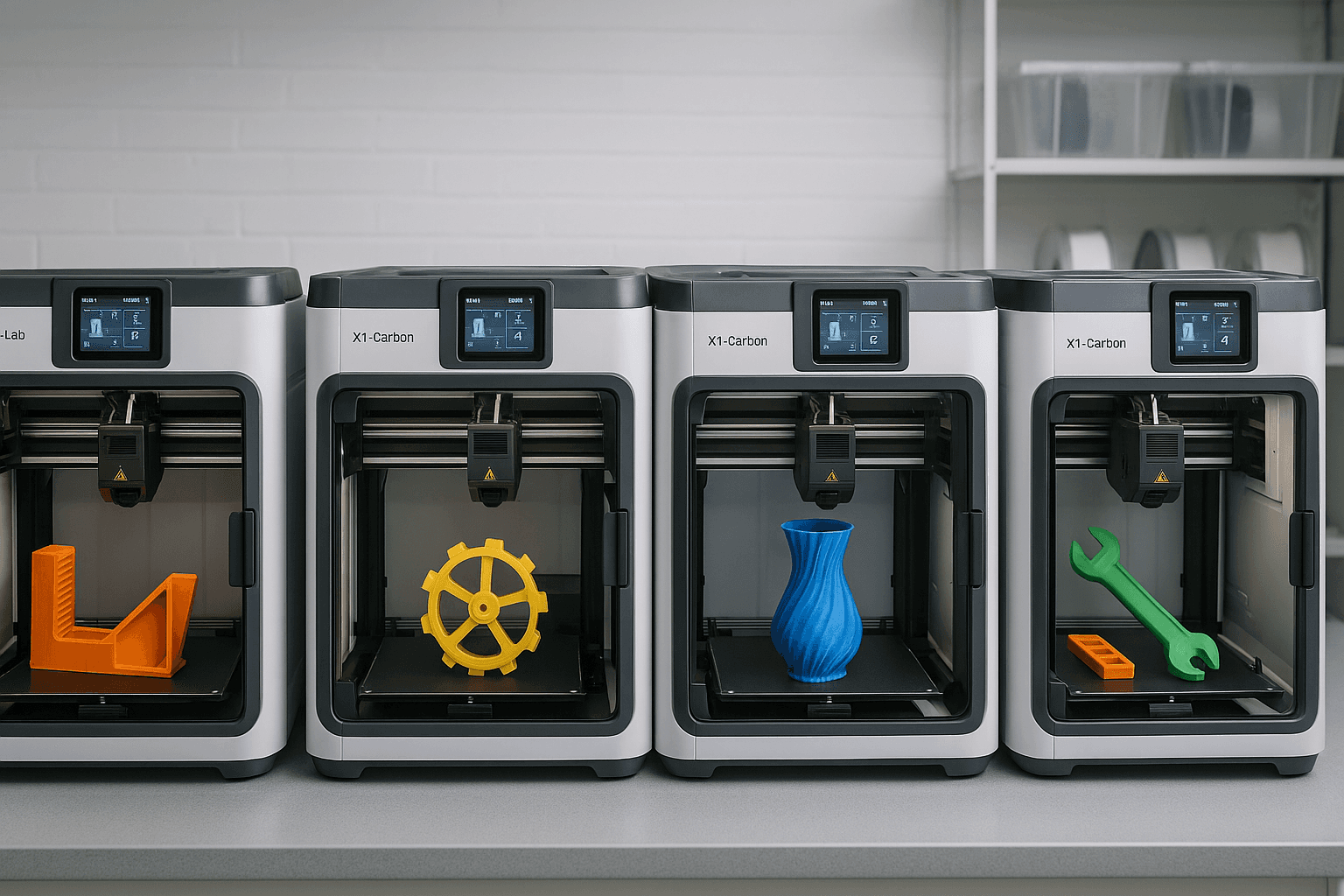 A line of Bambu Labs X1 Carbon printers with 3D printed parts on the beds in various colors.
