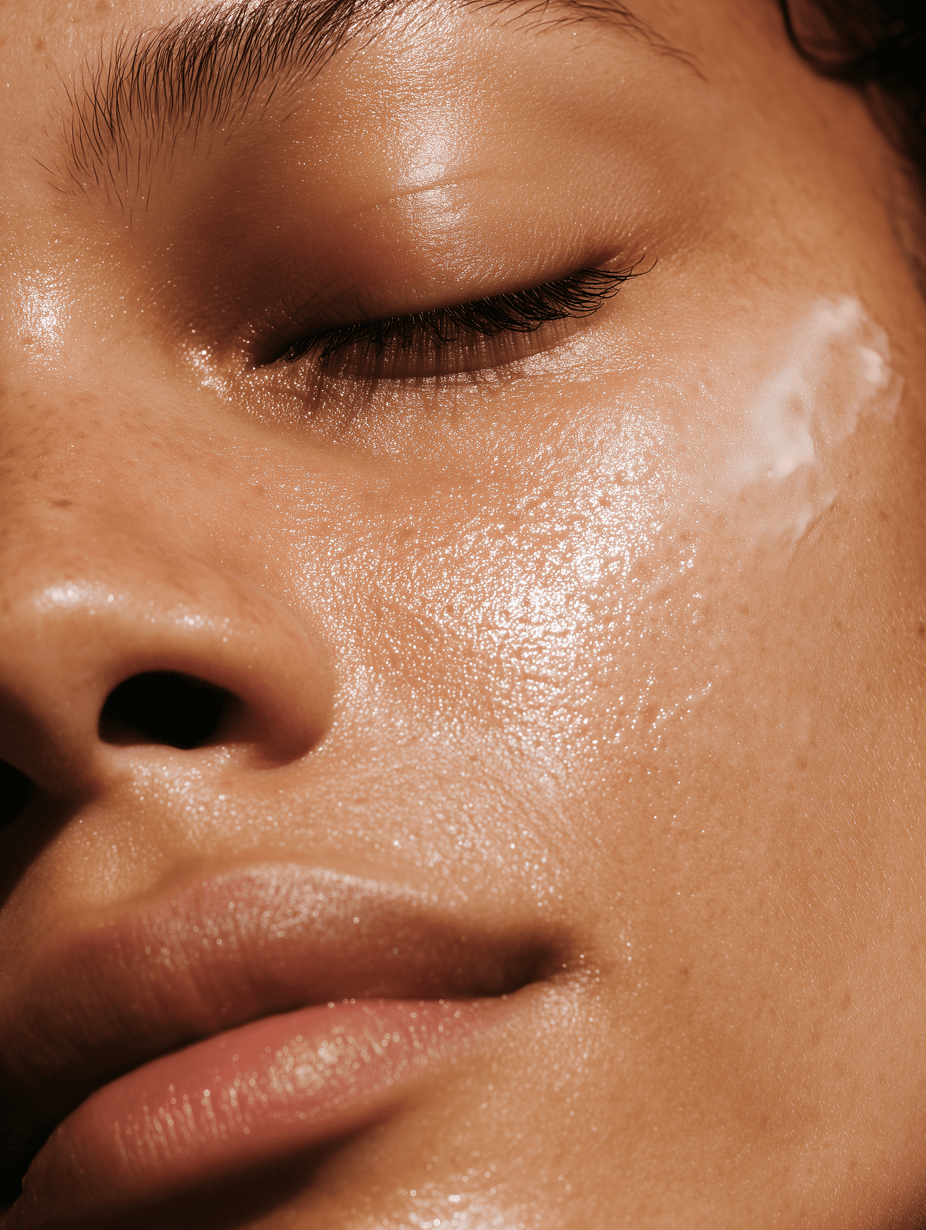 A close-up shot of the face, focusing on one cheek where an droplet is being smears onto it with a clear cream texture visible in the light background
