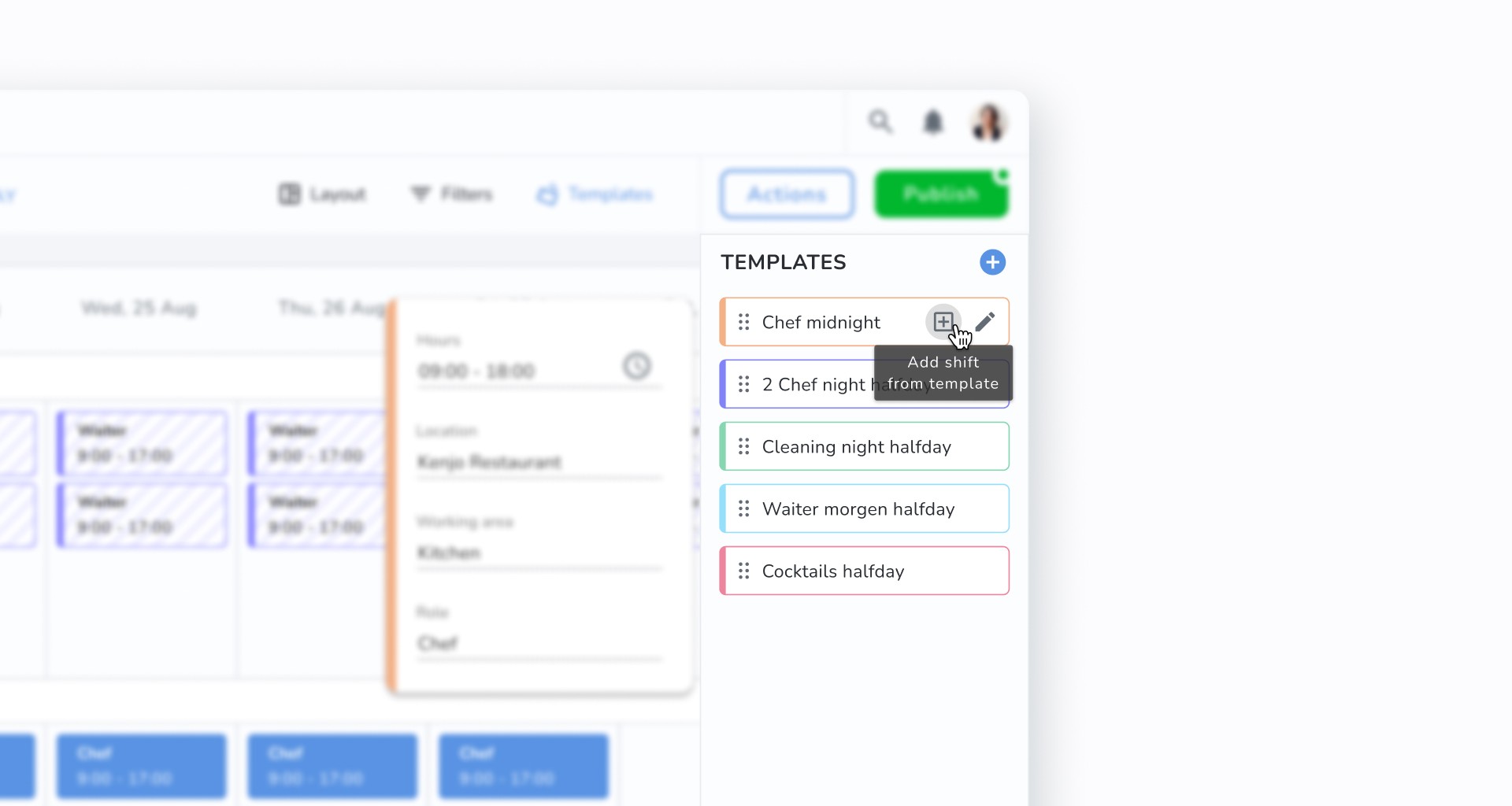 Kenjo template panel screenshot for add shift option