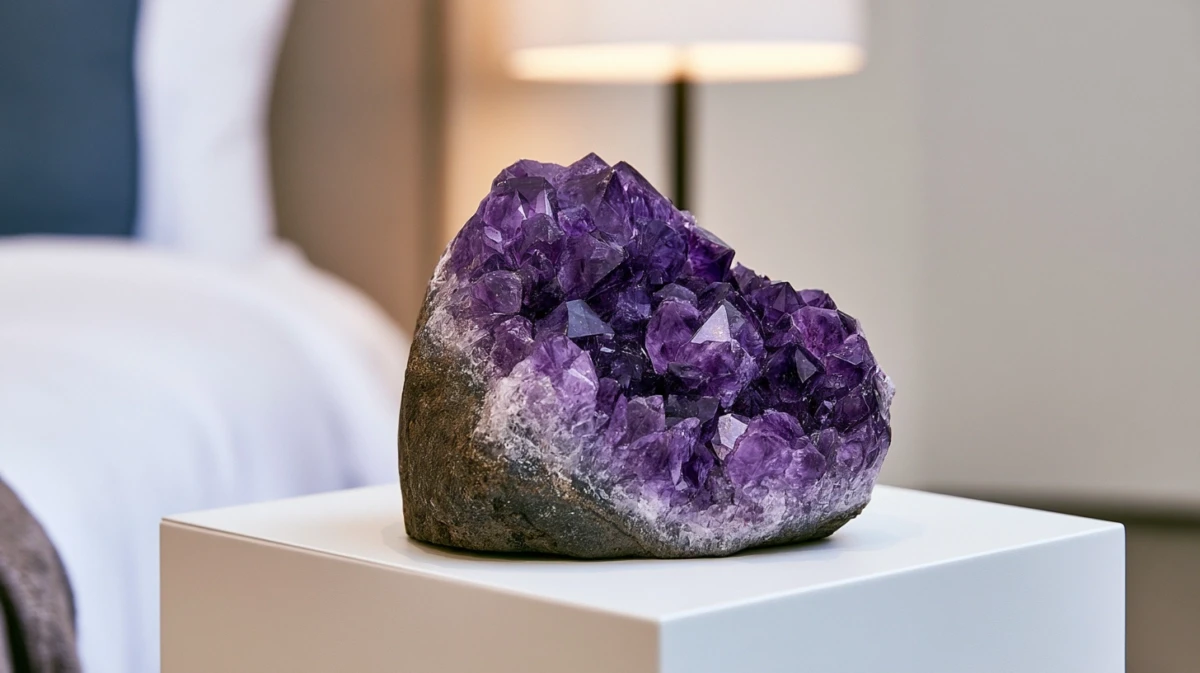 Amethyst cluster on nightstand in bedroom