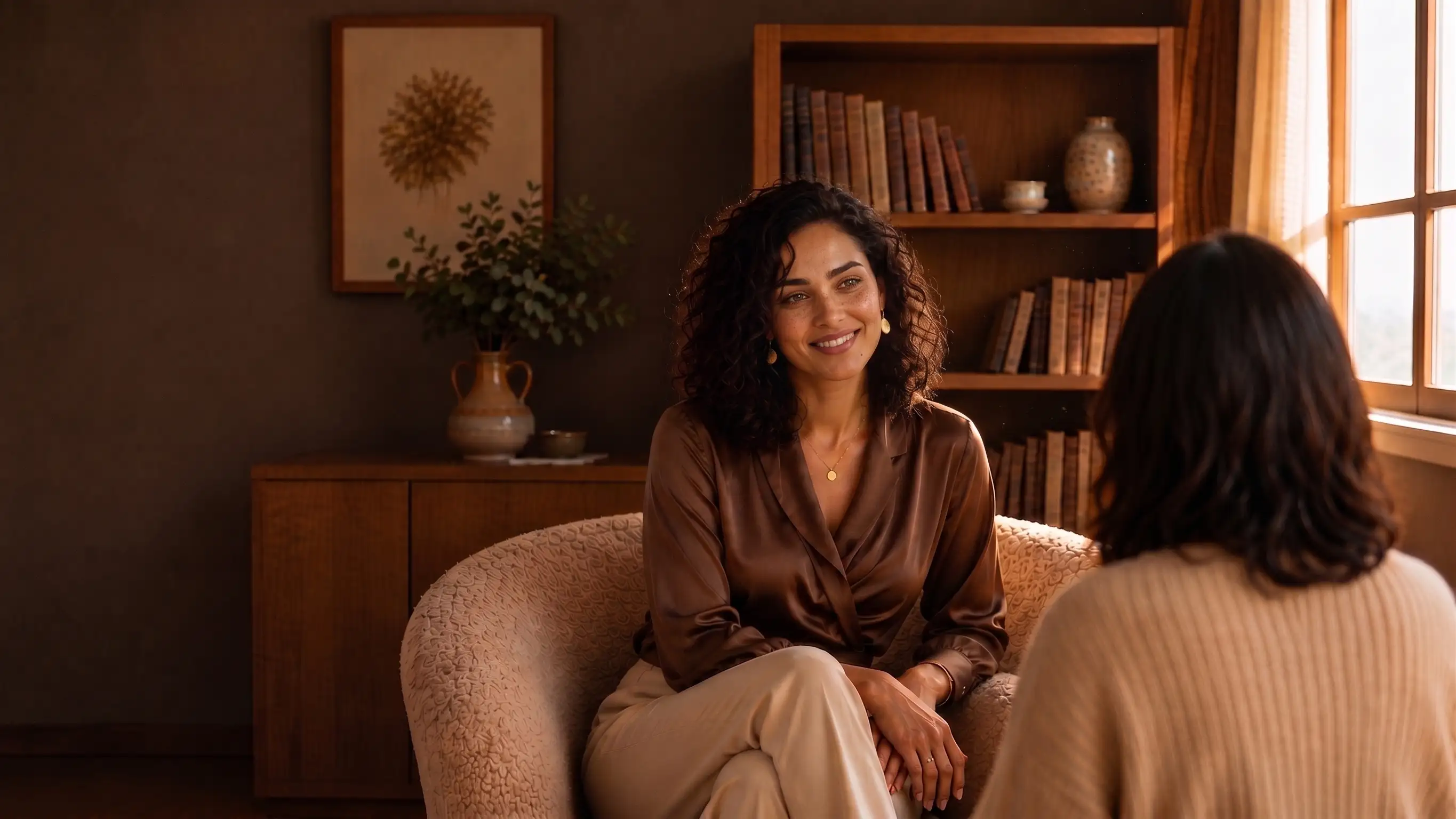 Alma Hartwell smiling while seated in a sculptural chair