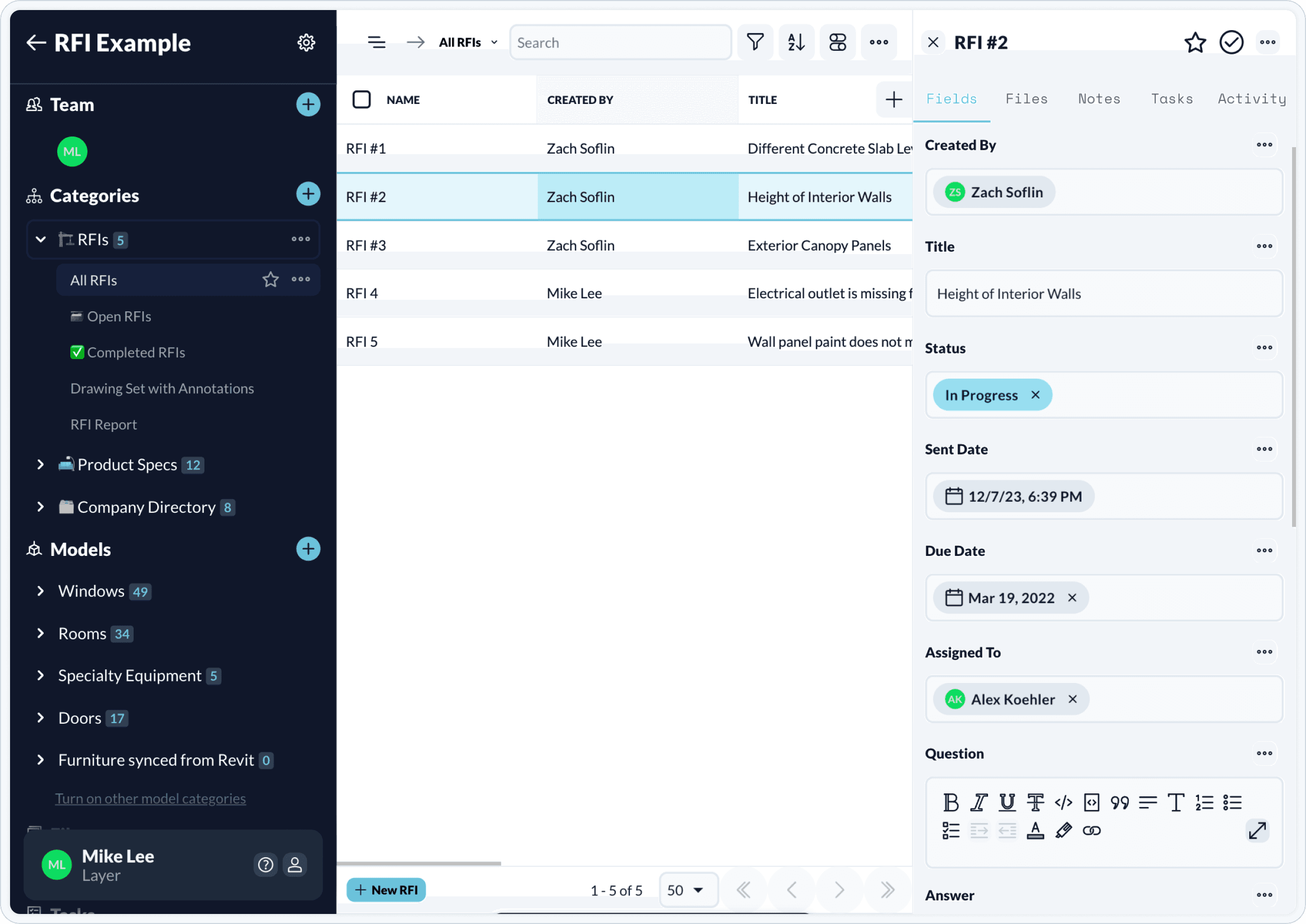 RFIs managed in a tabular single source of truth