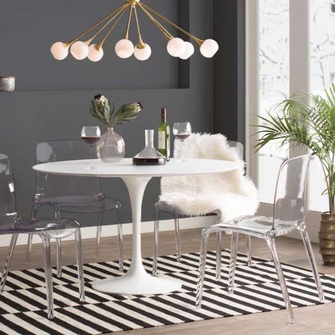 dining room with striped rug