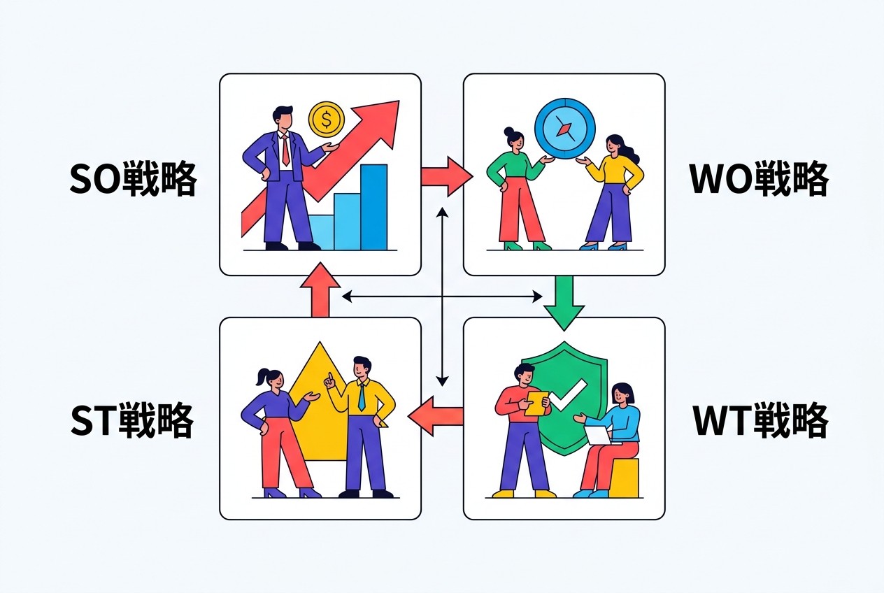 クロスSWOT分析の4つの戦略パターン。攻撃的戦略（SO・WO）と守備的戦略（ST・WT）を組み合わせて、リソースと市場環境に最適な戦略を選択する。