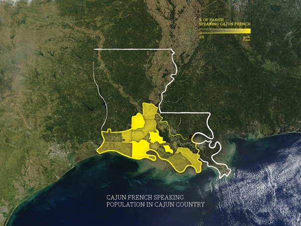 A map of Louisiana shows the outline of the state in white against a green background. A yellow area within the state represents Cajun French-speaking population, indicated by a yellow bar in the top right corner labeled “% of PARISH SPEAKING CAJUN FRENCH 80%”. The map is labeled “CAJUN FRENCH SPEAKING POPULATION IN CAJUN COUNTRY” at the bottom.