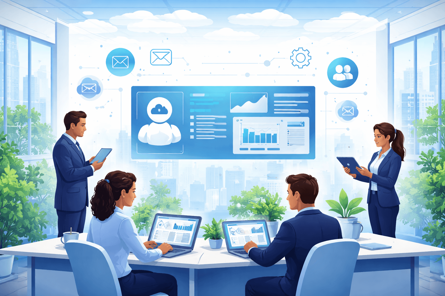 Municipal employees using cloud dashboards and digital tools to modernize administrative systems in a city government office.